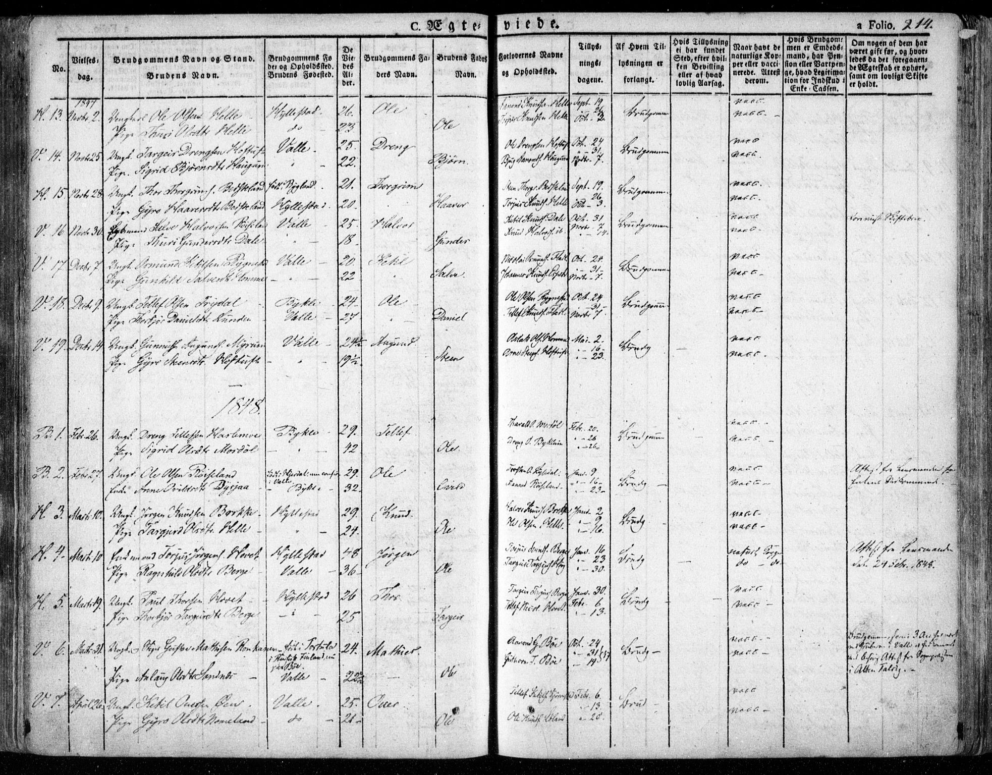 Valle sokneprestkontor, SAK/1111-0044/F/Fa/Fac/L0006: Parish register (official) no. A 6, 1831-1853, p. 214