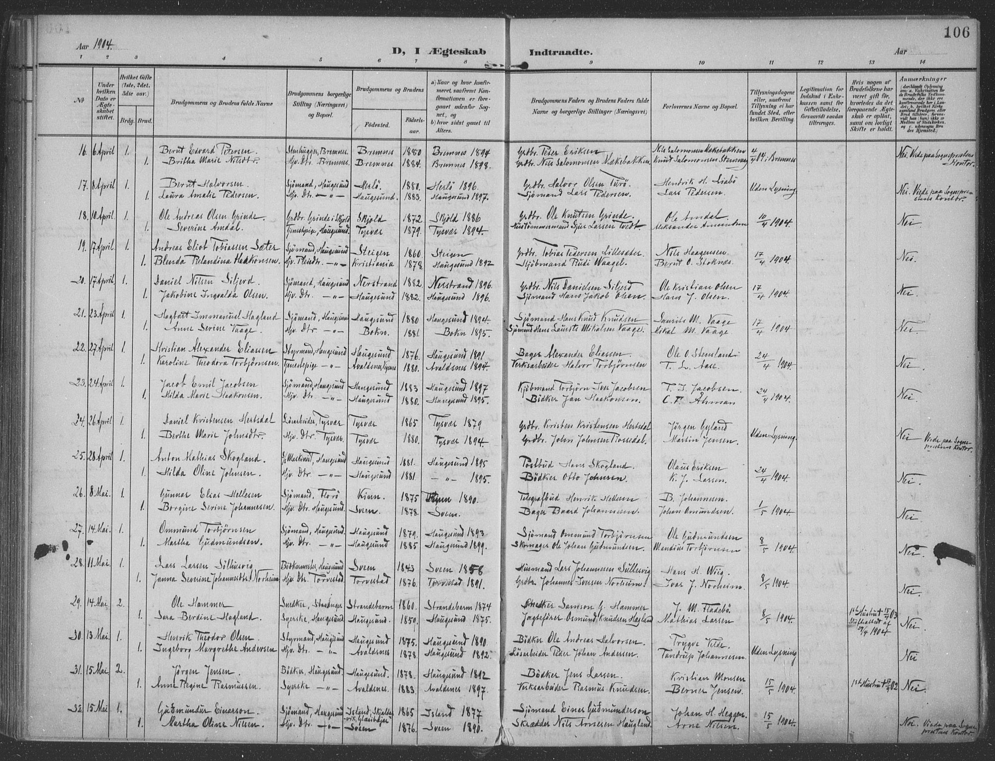 Haugesund sokneprestkontor, AV/SAST-A -101863/H/Ha/Haa/L0007: Parish register (official) no. A 7, 1904-1916, p. 106