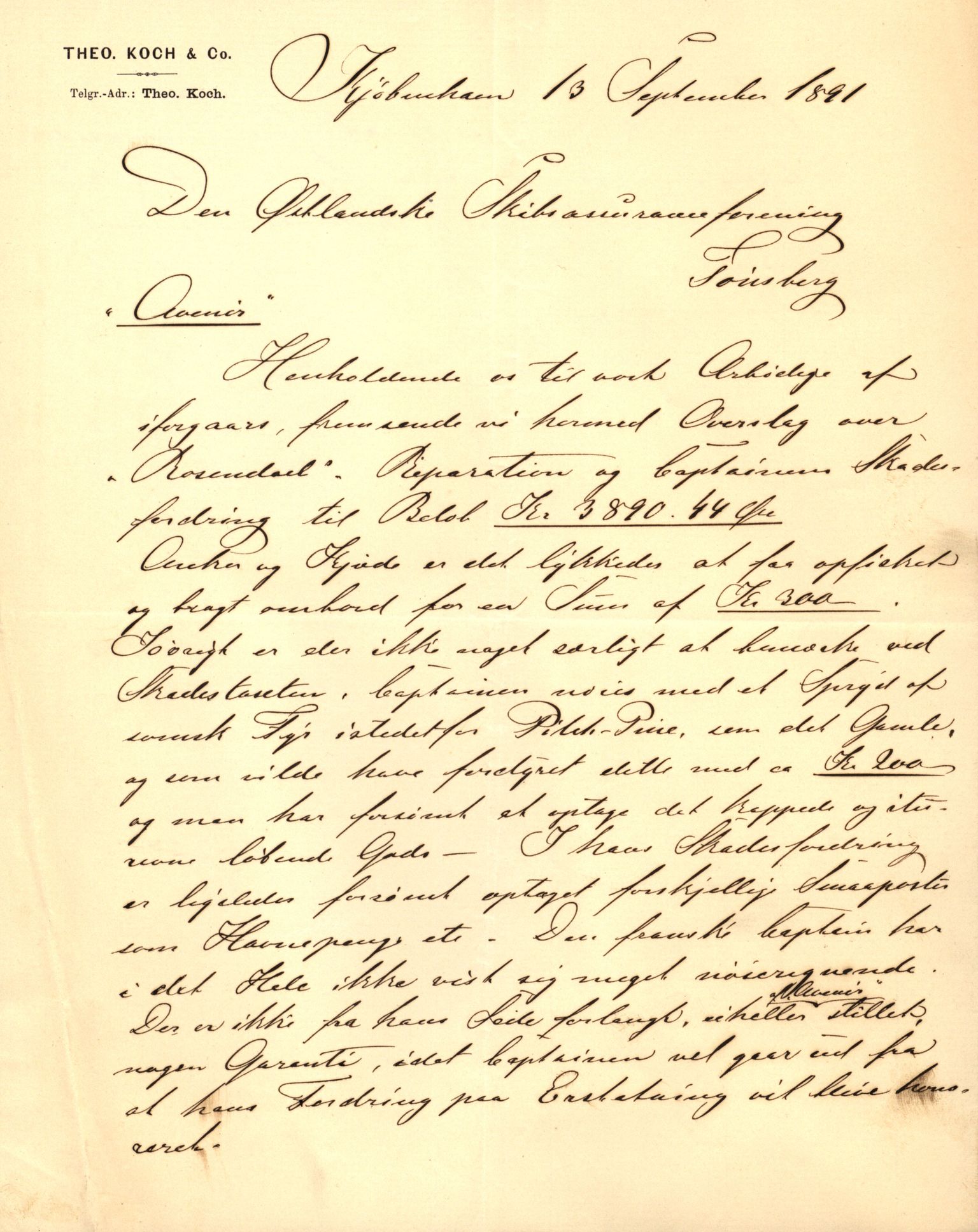 Pa 63 - Østlandske skibsassuranceforening, VEMU/A-1079/G/Ga/L0027/0004: Havaridokumenter / Avenir, Bertha, Augusta, Arctic, Black Hawk, 1891, p. 14