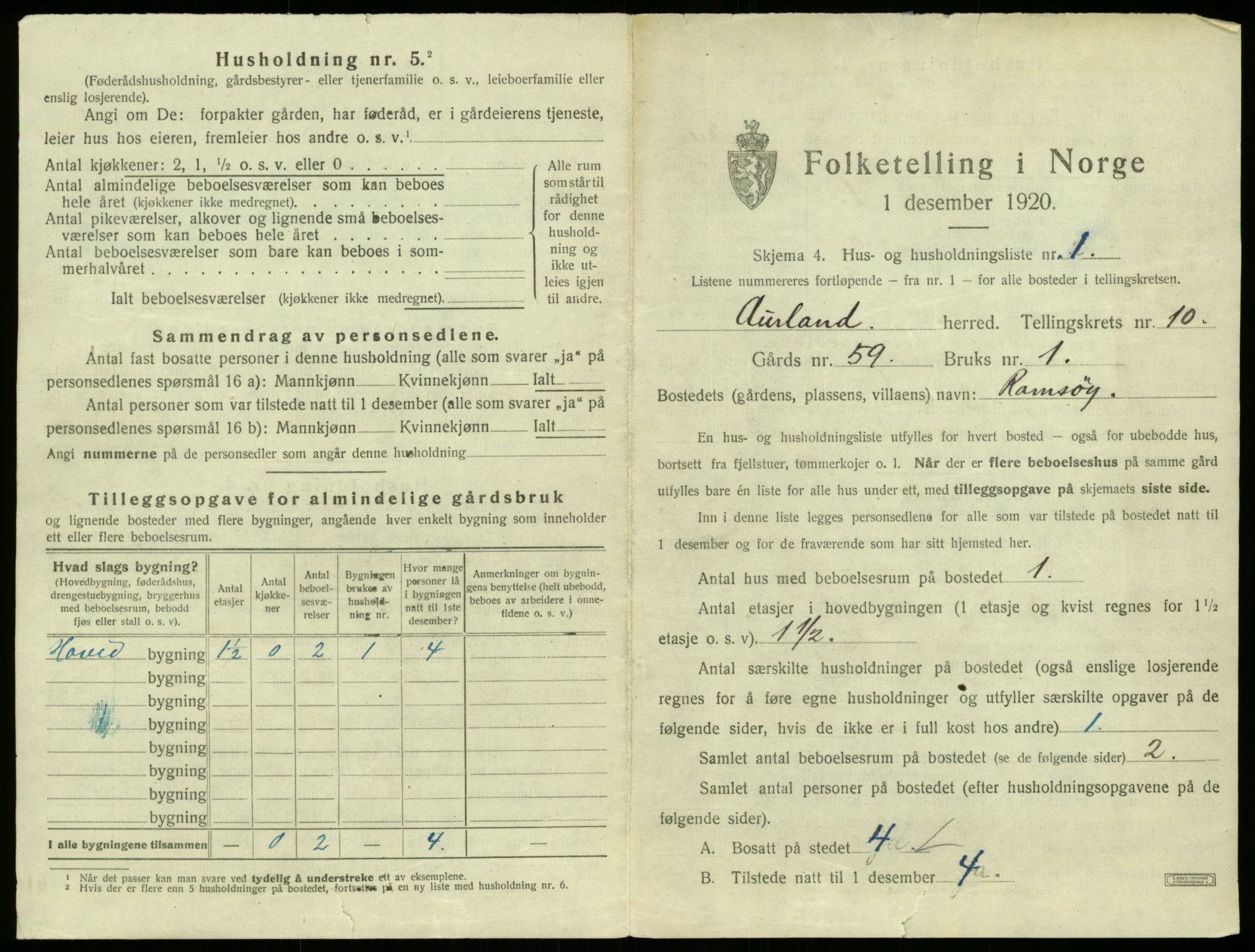 SAB, 1920 census for Aurland, 1920, p. 734