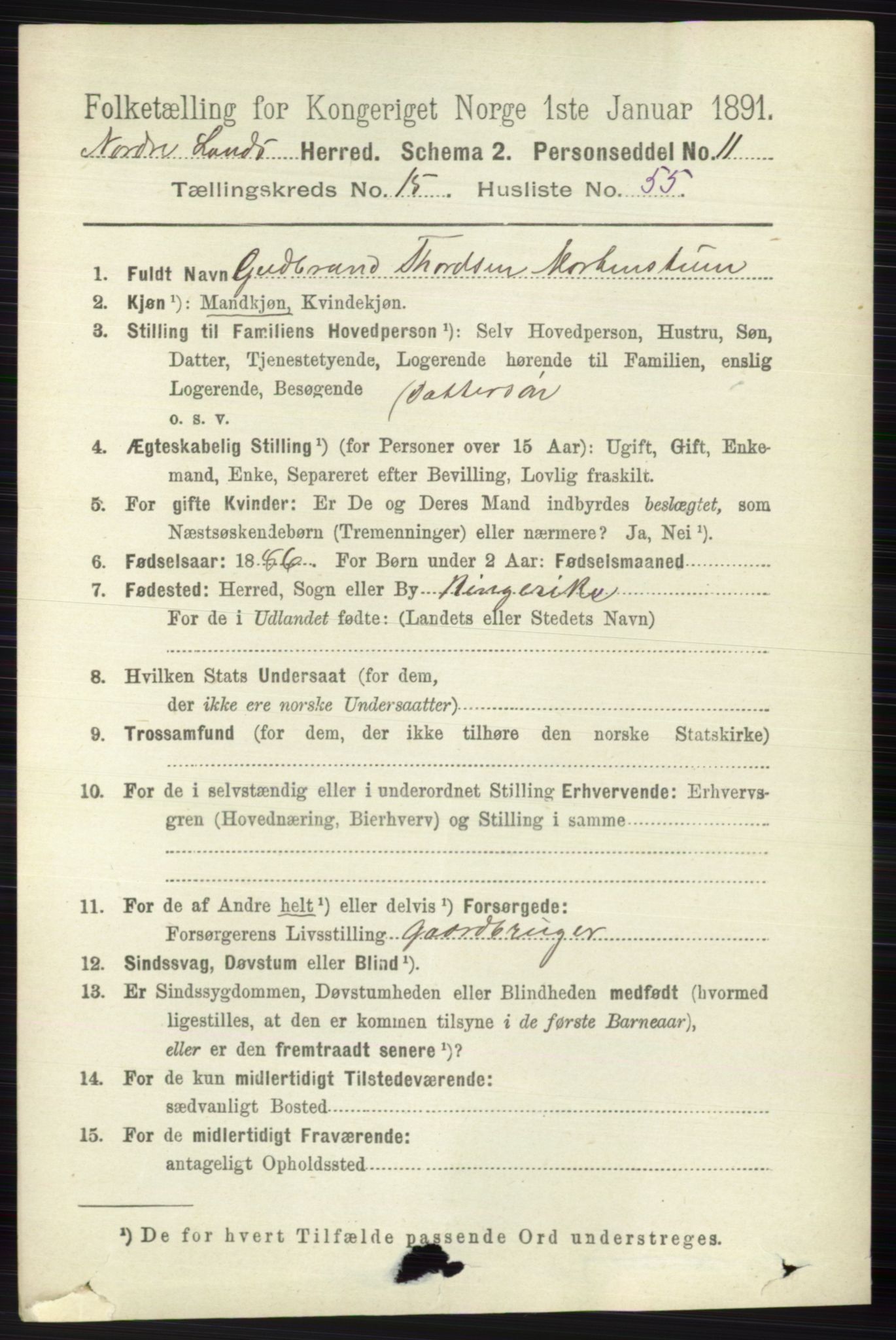 RA, 1891 census for 0538 Nordre Land, 1891, p. 4117