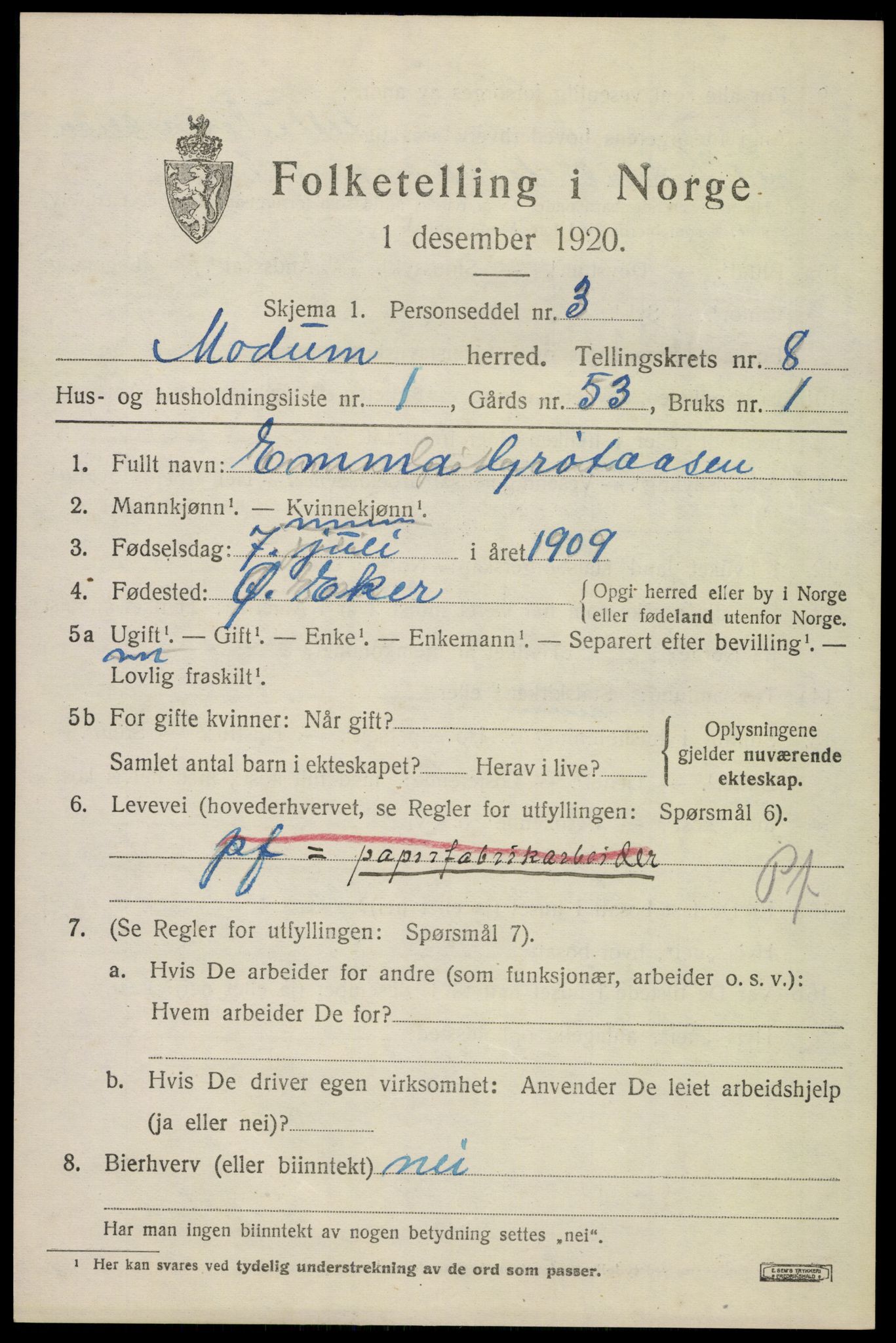 SAKO, 1920 census for Modum, 1920, p. 10367