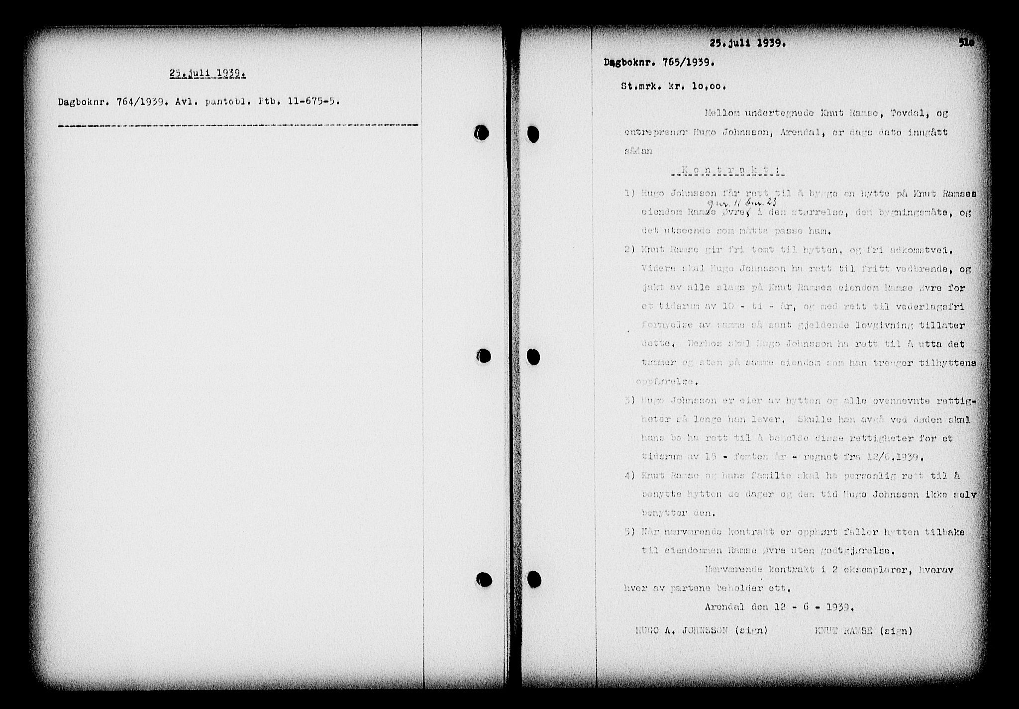 Nedenes sorenskriveri, AV/SAK-1221-0006/G/Gb/Gba/L0046: Mortgage book no. 42, 1938-1939, Diary no: : 765/1939
