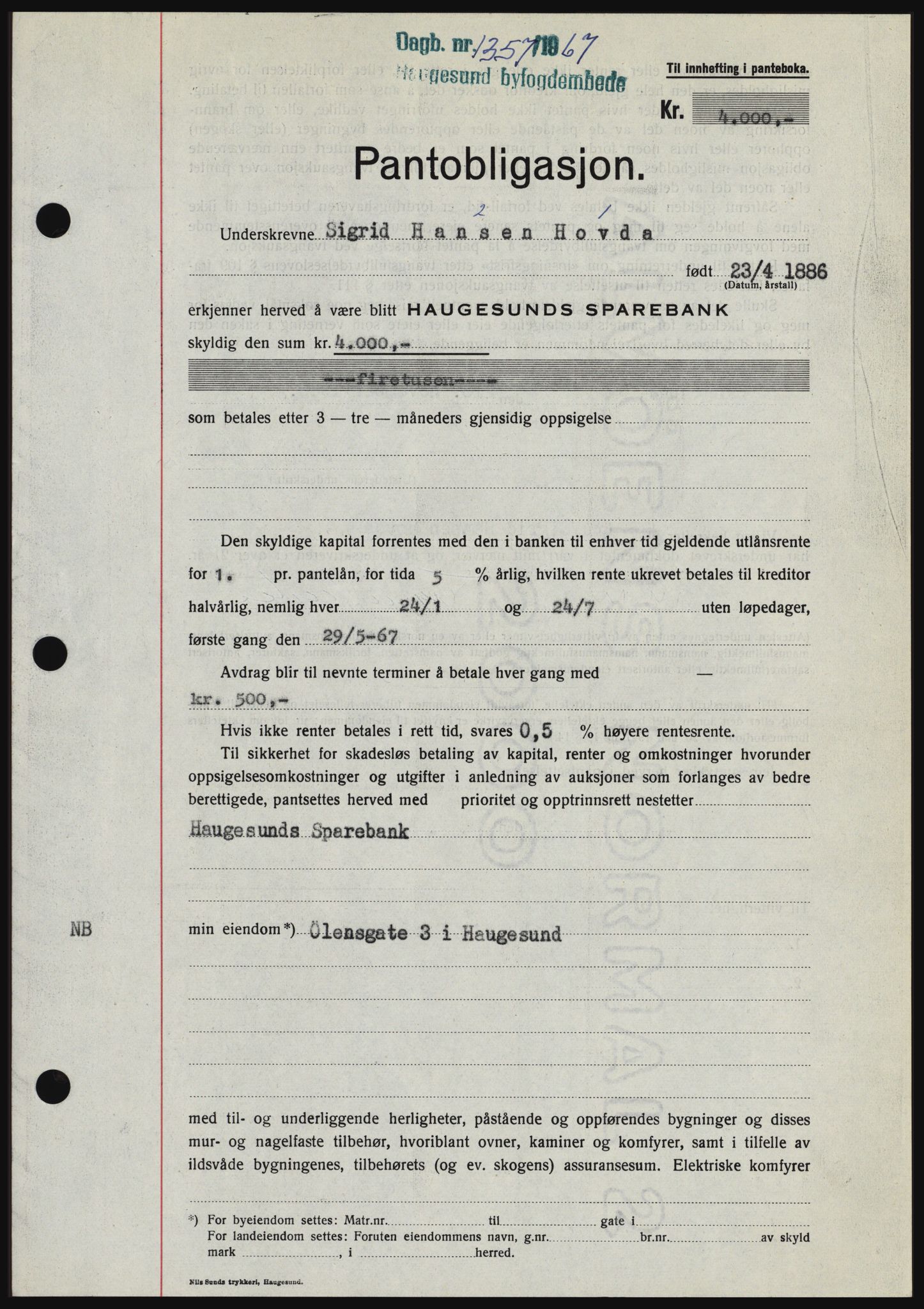 Haugesund tingrett, SAST/A-101415/01/II/IIC/L0056: Mortgage book no. B 56, 1966-1967, Diary no: : 1357/1967