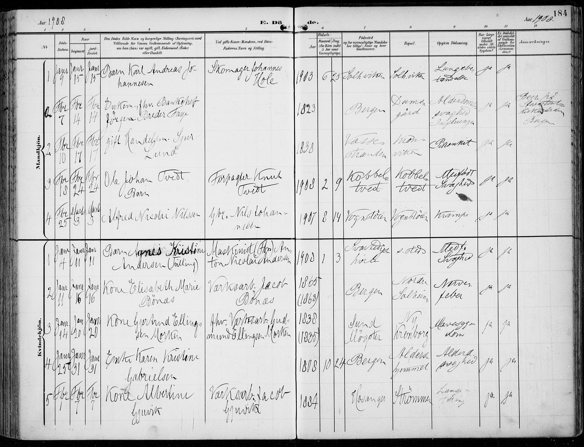 Årstad Sokneprestembete, SAB/A-79301/H/Haa/L0009: Parish register (official) no. C 1, 1902-1918, p. 184