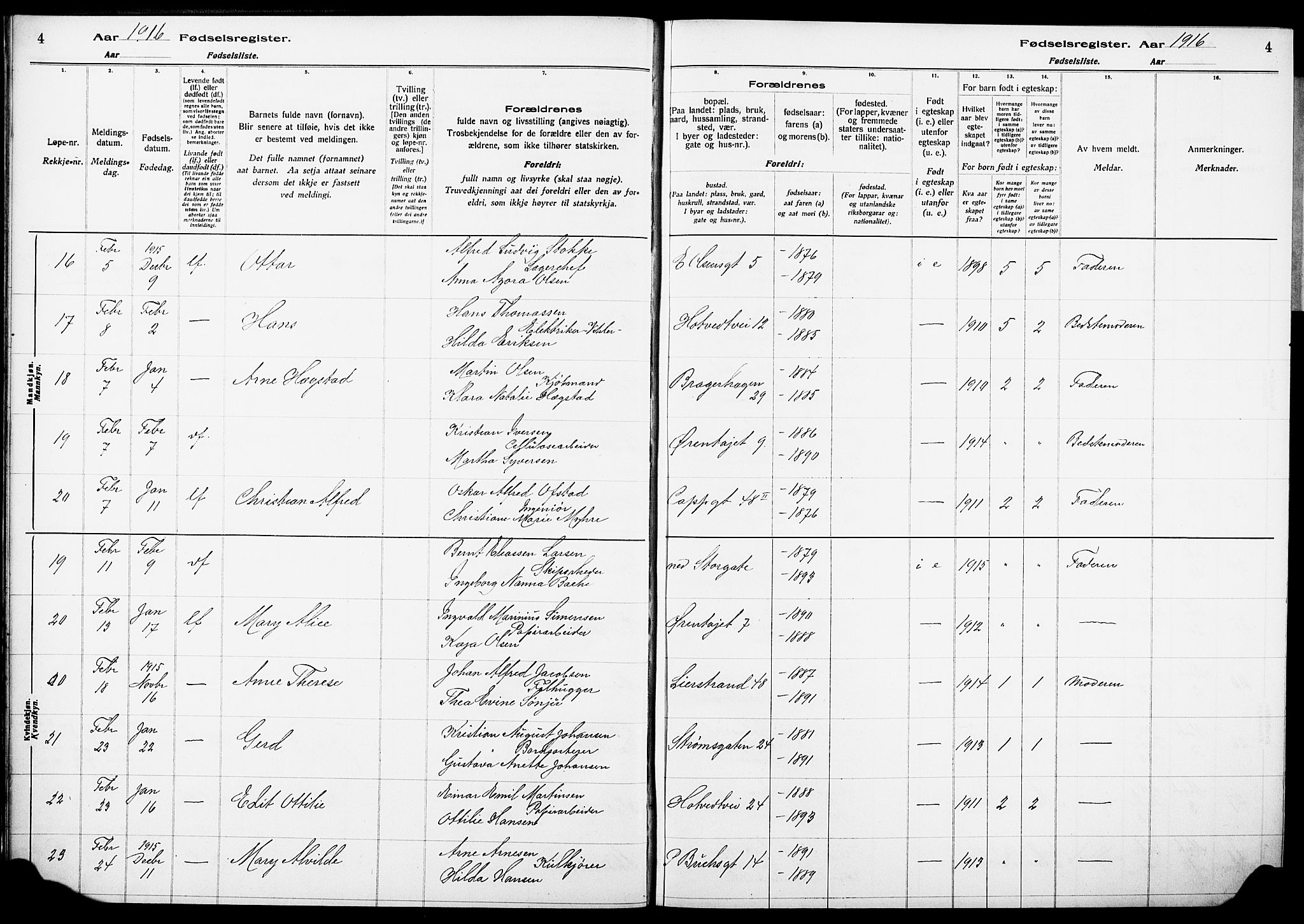 Bragernes kirkebøker, AV/SAKO-A-6/J/Ja/L0001: Birth register no. 1, 1916-1922, p. 4