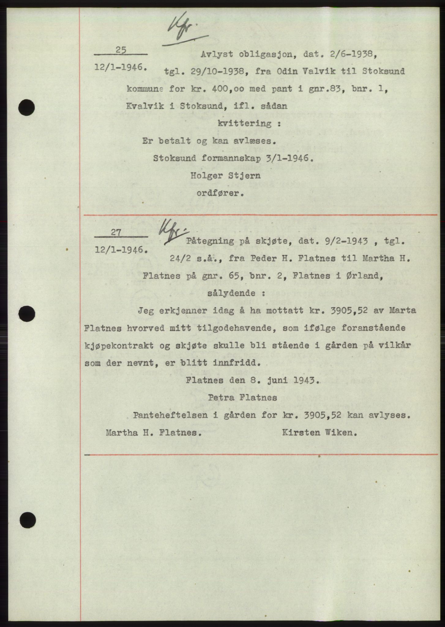 Fosen sorenskriveri, AV/SAT-A-1107/1/2/2C: Mortgage book no. B1, 1943-1946, Diary no: : 25/1946