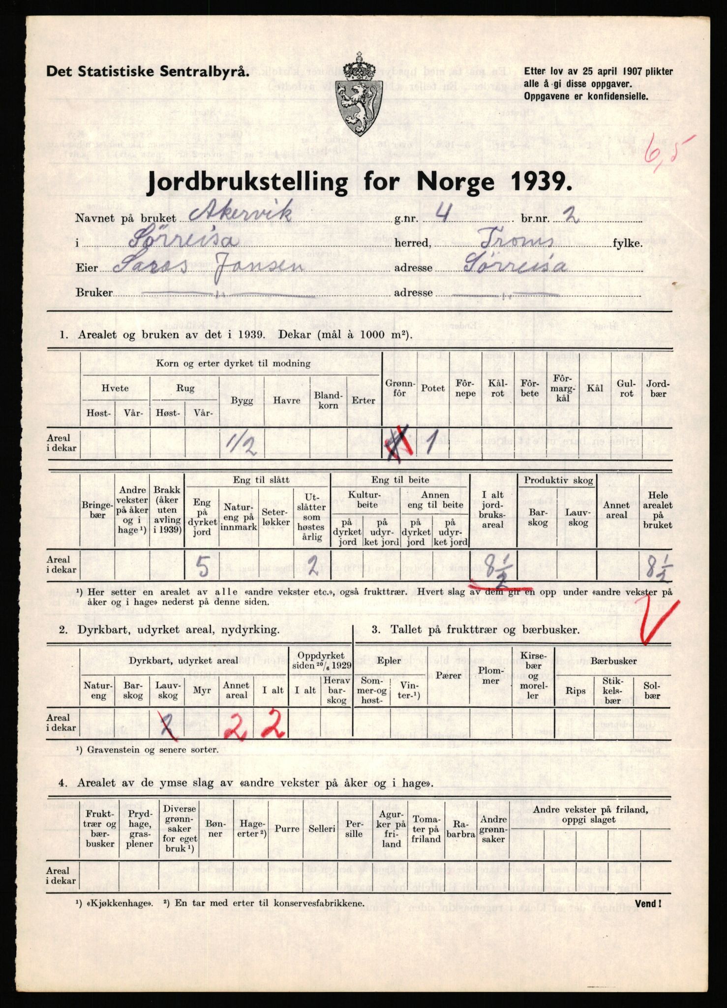 Statistisk sentralbyrå, Næringsøkonomiske emner, Jordbruk, skogbruk, jakt, fiske og fangst, AV/RA-S-2234/G/Gb/L0341: Troms: Sørreisa og Tranøy, 1939, p. 106