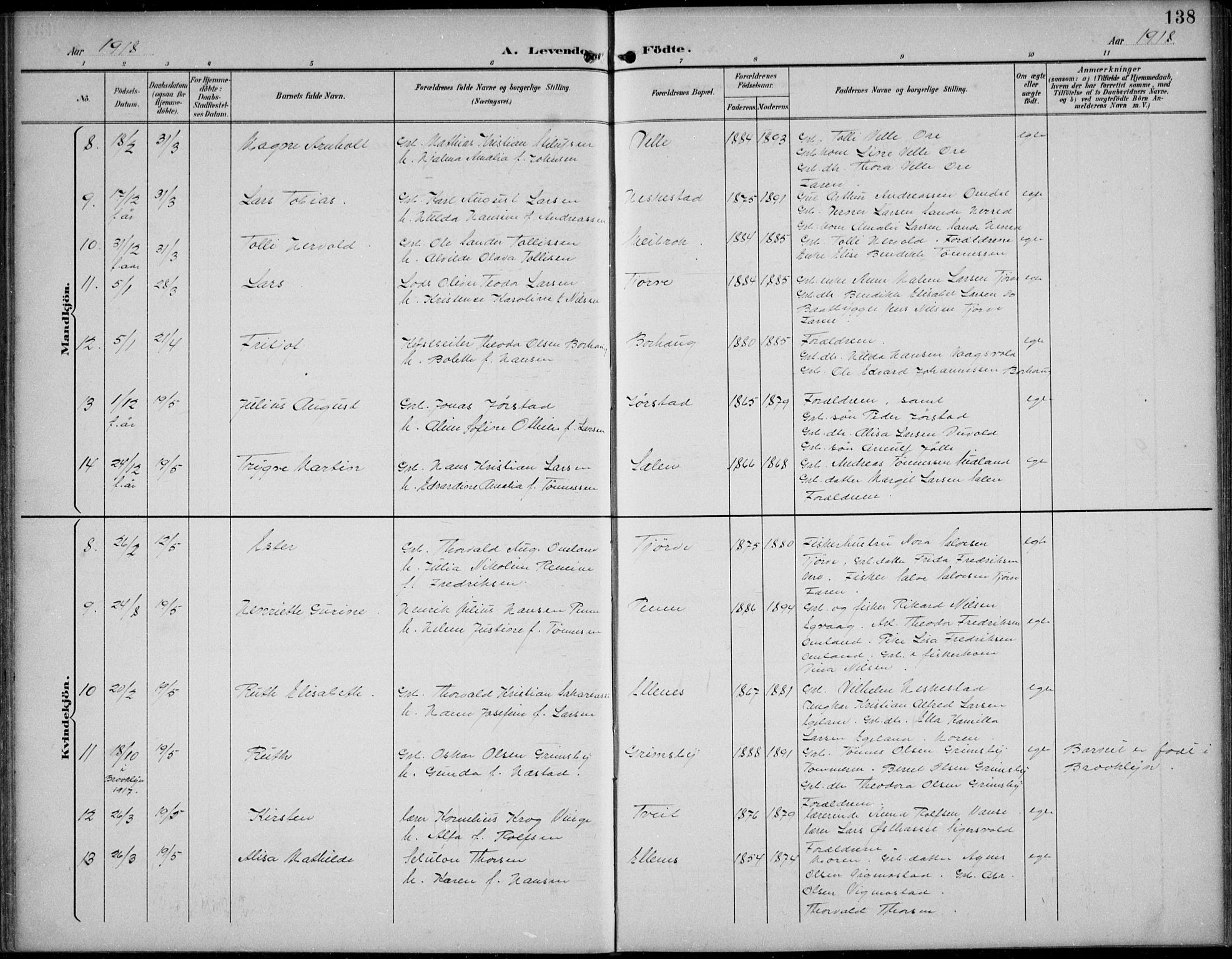 Lista sokneprestkontor, SAK/1111-0027/F/Fb/L0005: Parish register (copy) no. B 5, 1892-1923, p. 138