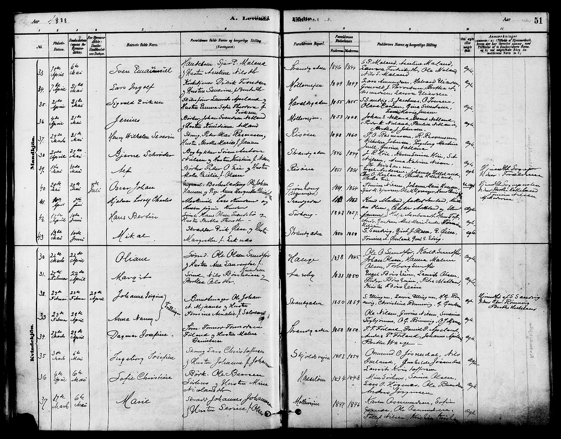 Haugesund sokneprestkontor, AV/SAST-A -101863/H/Ha/Haa/L0003: Parish register (official) no. A 3, 1885-1890, p. 51