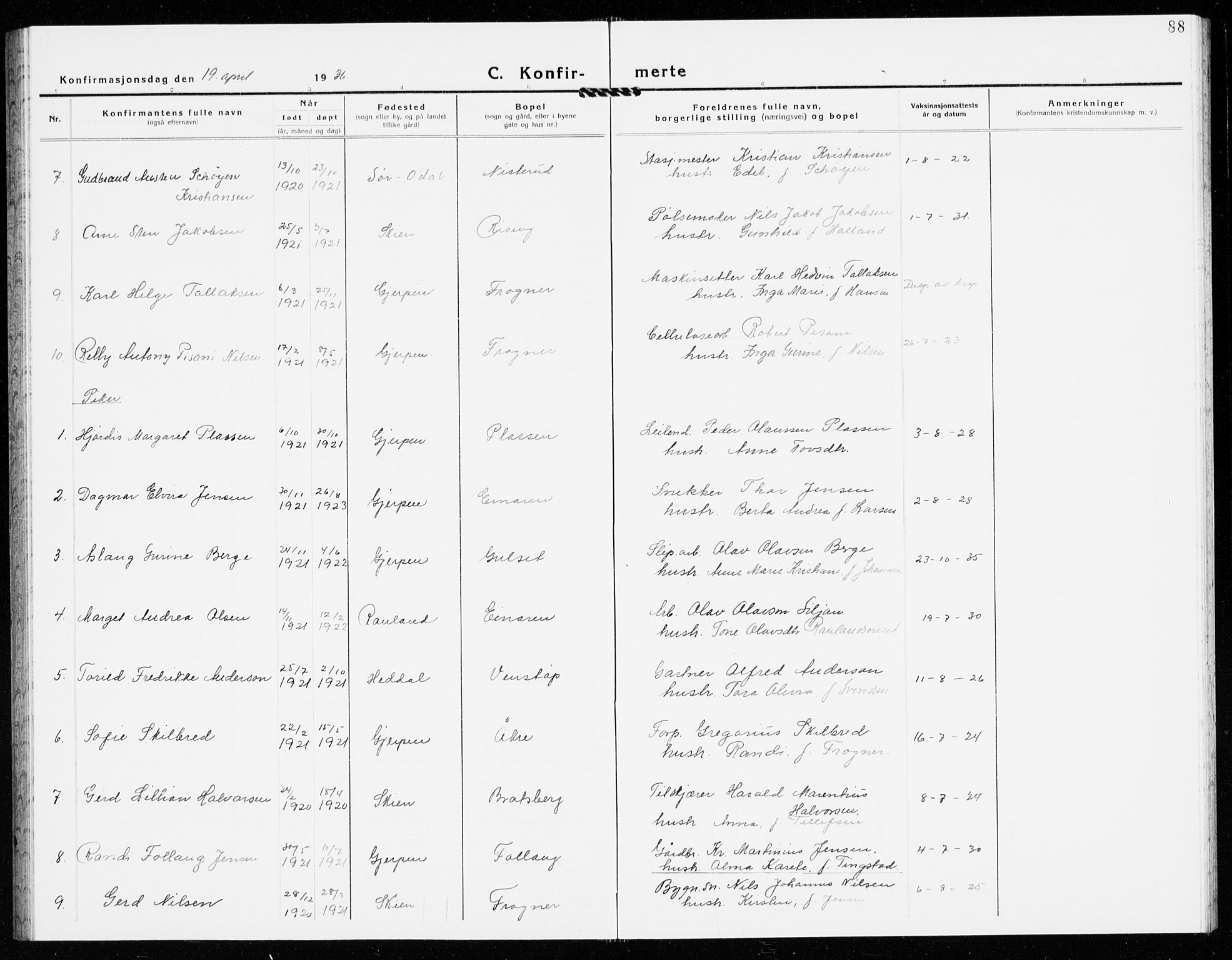 Gjerpen kirkebøker, AV/SAKO-A-265/G/Ga/L0005: Parish register (copy) no. I 5, 1932-1940, p. 88