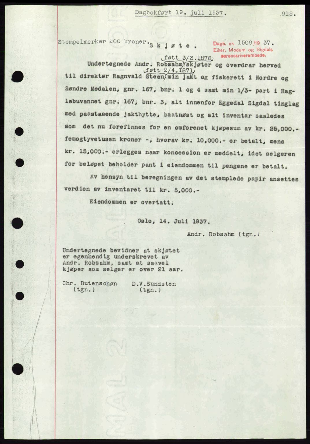 Eiker, Modum og Sigdal sorenskriveri, SAKO/A-123/G/Ga/Gab/L0035: Mortgage book no. A5, 1937-1937, Diary no: : 1509/1937