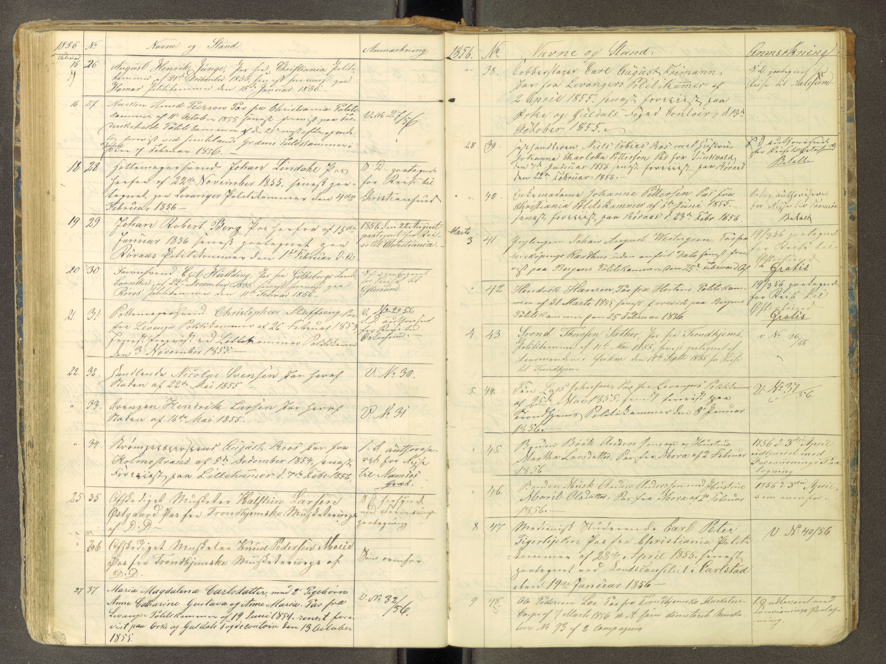 Trondheim politikammer, AV/SAT-A-1887/1/30/L0010: Passprotokoll. Utstedte pass 1850-1855. Innleverte pass 1850-1860, 1850-1860