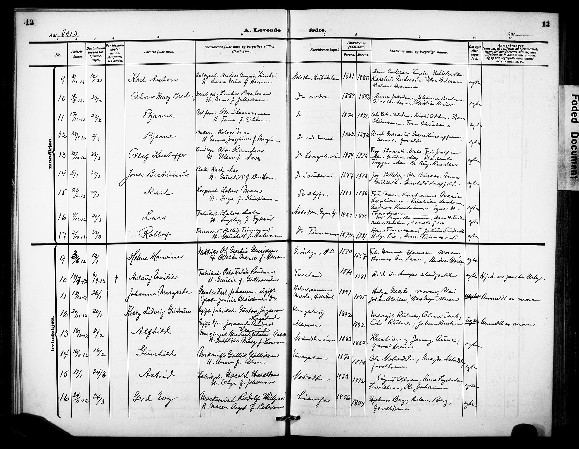 Notodden kirkebøker, SAKO/A-290/G/Ga/L0001: Parish register (copy) no. 1, 1912-1923, p. 13