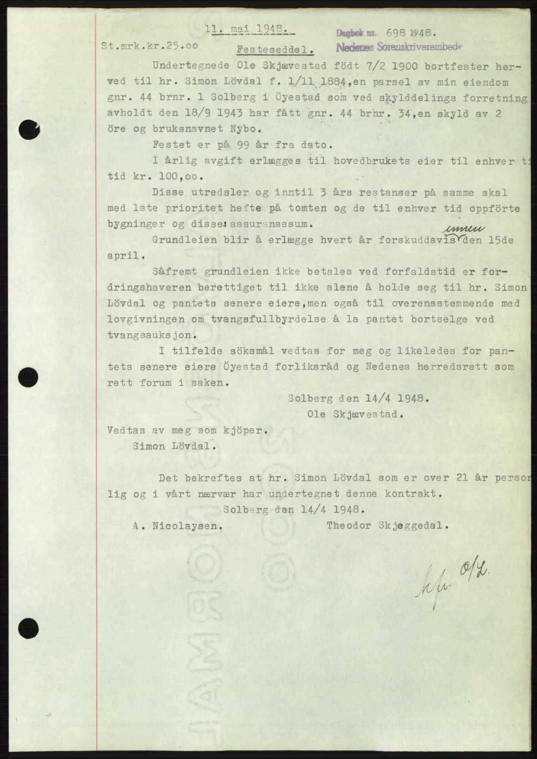Nedenes sorenskriveri, SAK/1221-0006/G/Gb/Gba/L0059: Mortgage book no. A11, 1948-1948, Diary no: : 698/1948