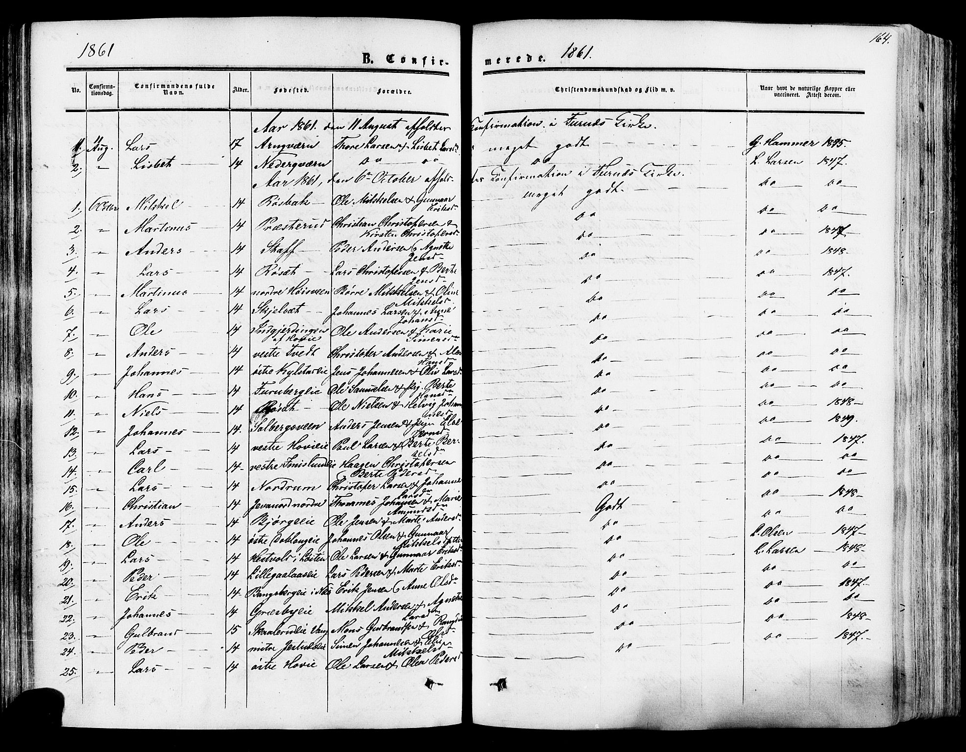 Vang prestekontor, Hedmark, SAH/PREST-008/H/Ha/Haa/L0013: Parish register (official) no. 13, 1855-1879, p. 164