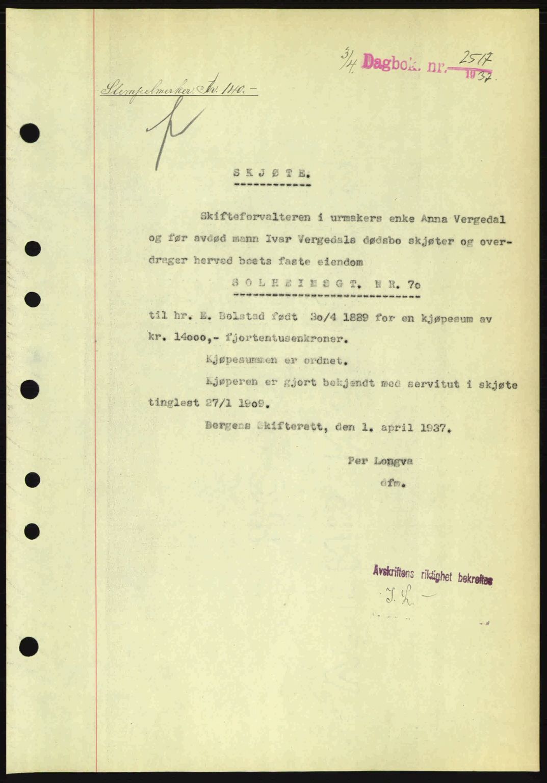 Byfogd og Byskriver i Bergen, SAB/A-3401/03/03Bc/L0004: Mortgage book no. A3-4, 1936-1937, Diary no: : 2517/1937
