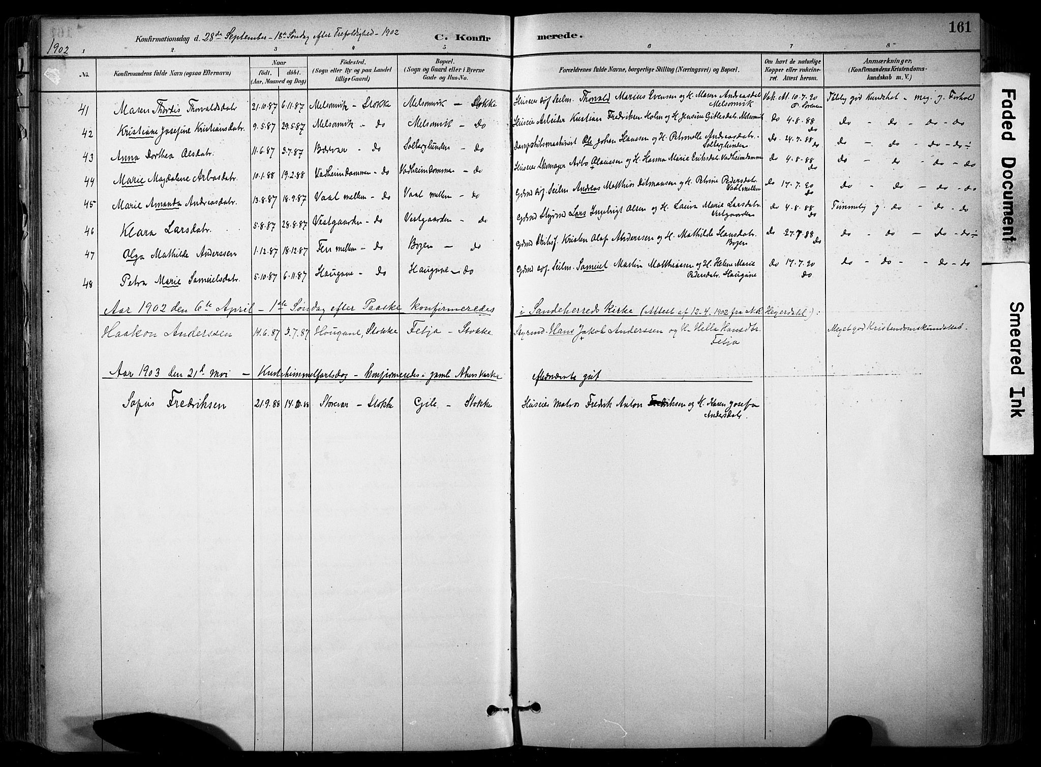 Stokke kirkebøker, SAKO/A-320/F/Fa/L0010: Parish register (official) no. I 10, 1884-1903, p. 161