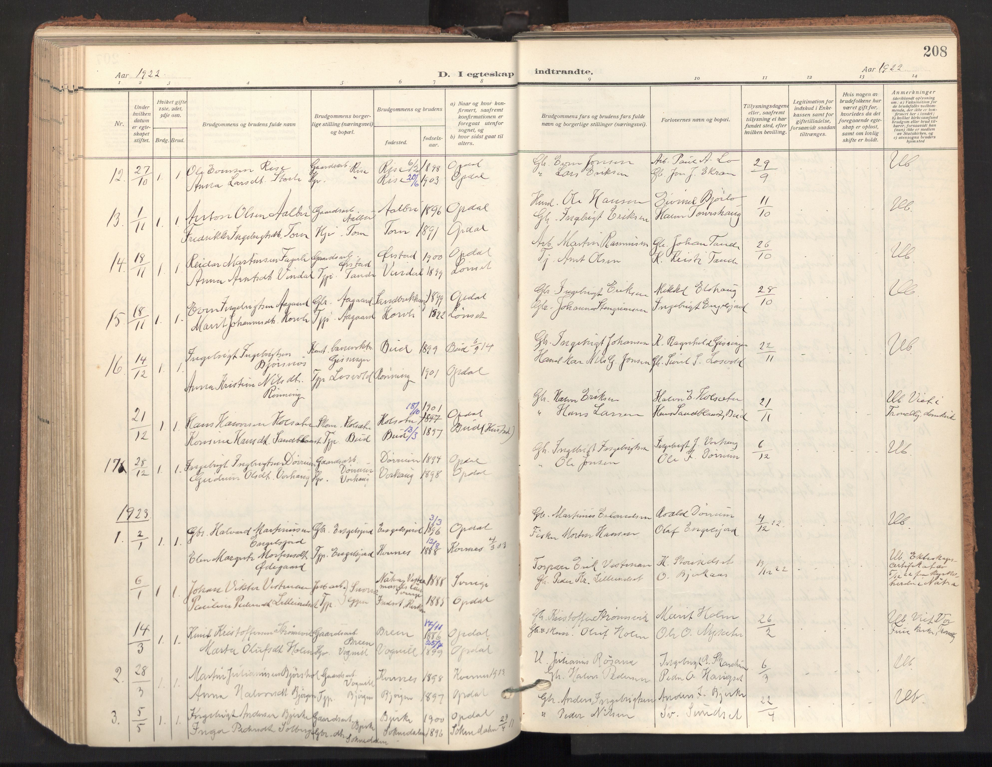 Ministerialprotokoller, klokkerbøker og fødselsregistre - Sør-Trøndelag, AV/SAT-A-1456/678/L0909: Parish register (official) no. 678A17, 1912-1930, p. 208