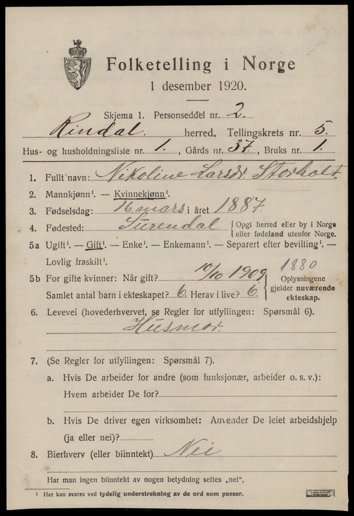 SAT, 1920 census for Rindal, 1920, p. 2644