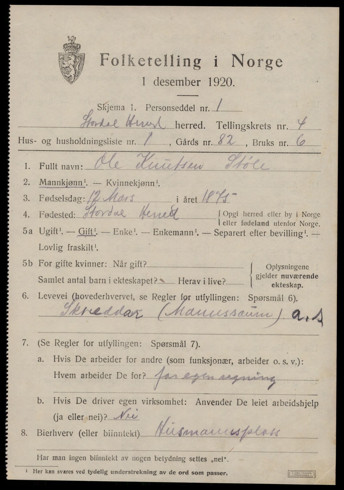 SAT, 1920 census for Stordal, 1920, p. 1230