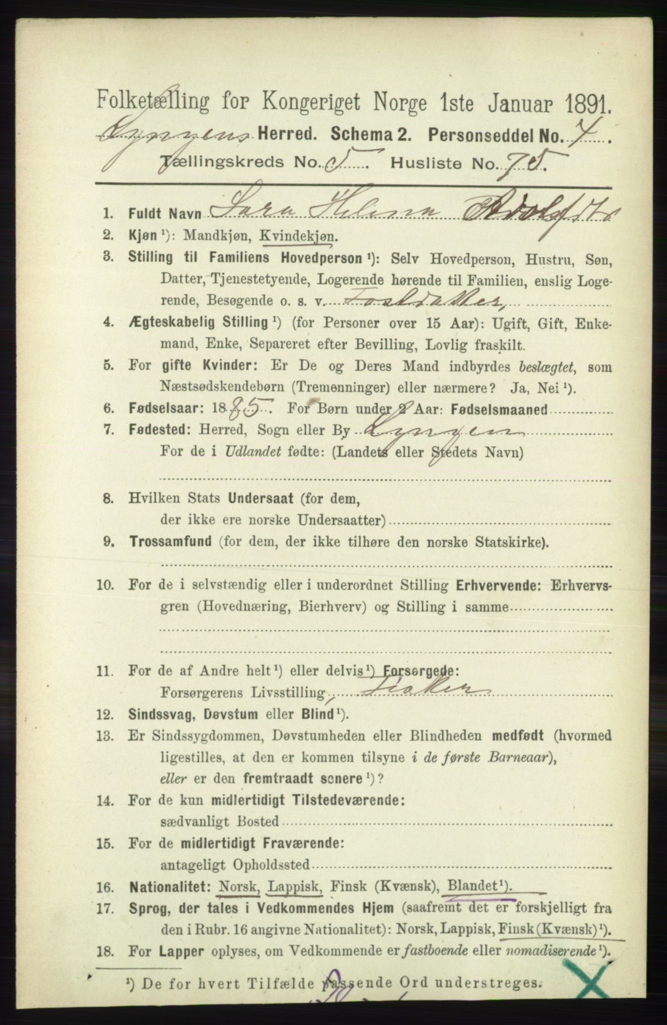 RA, 1891 census for 1938 Lyngen, 1891, p. 4903