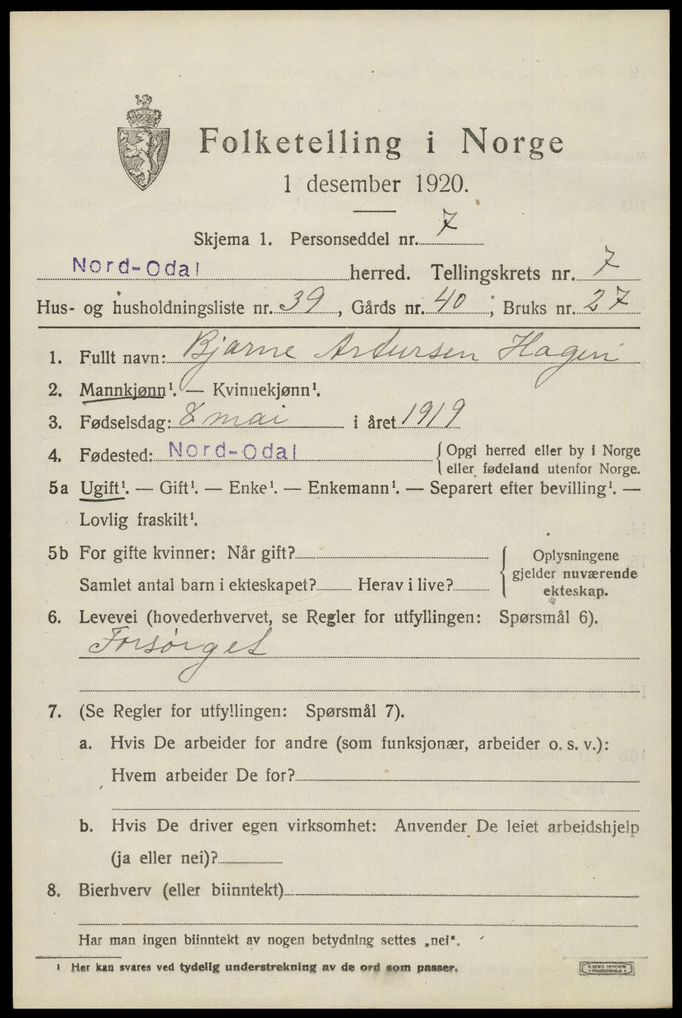 SAH, 1920 census for Nord-Odal, 1920, p. 7533