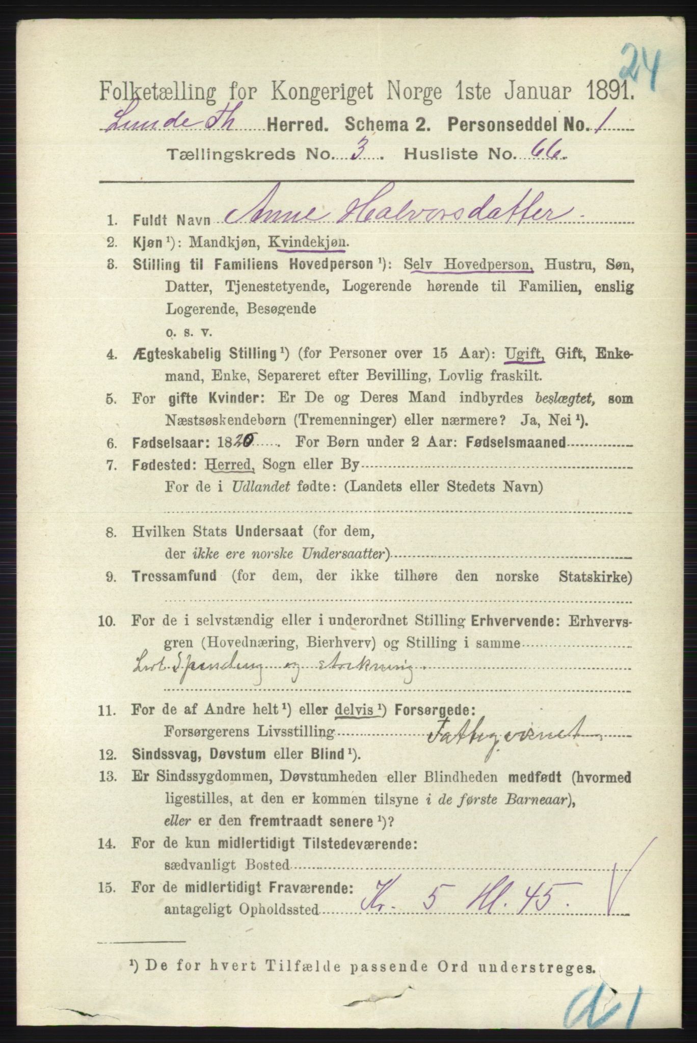 RA, 1891 census for 0820 Lunde, 1891, p. 1102