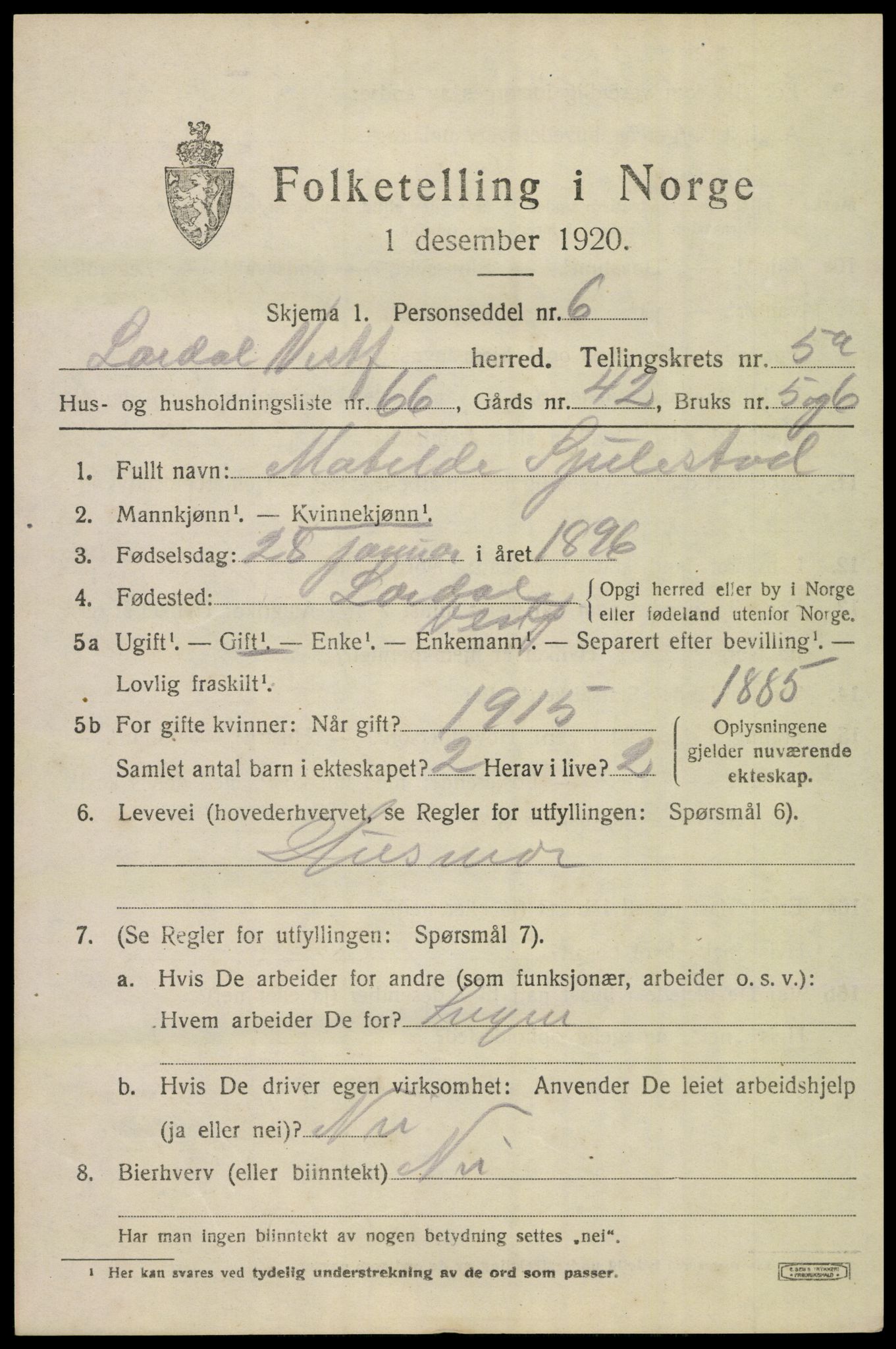 SAKO, 1920 census for Lardal, 1920, p. 5199