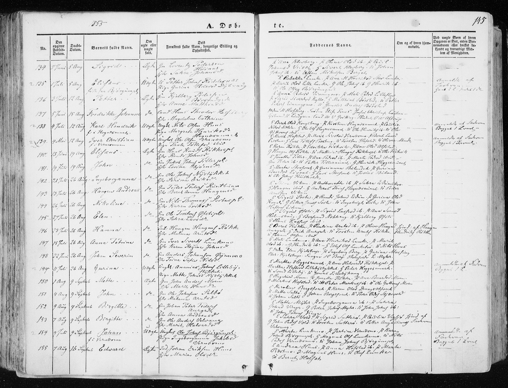 Ministerialprotokoller, klokkerbøker og fødselsregistre - Nord-Trøndelag, SAT/A-1458/709/L0074: Parish register (official) no. 709A14, 1845-1858, p. 145