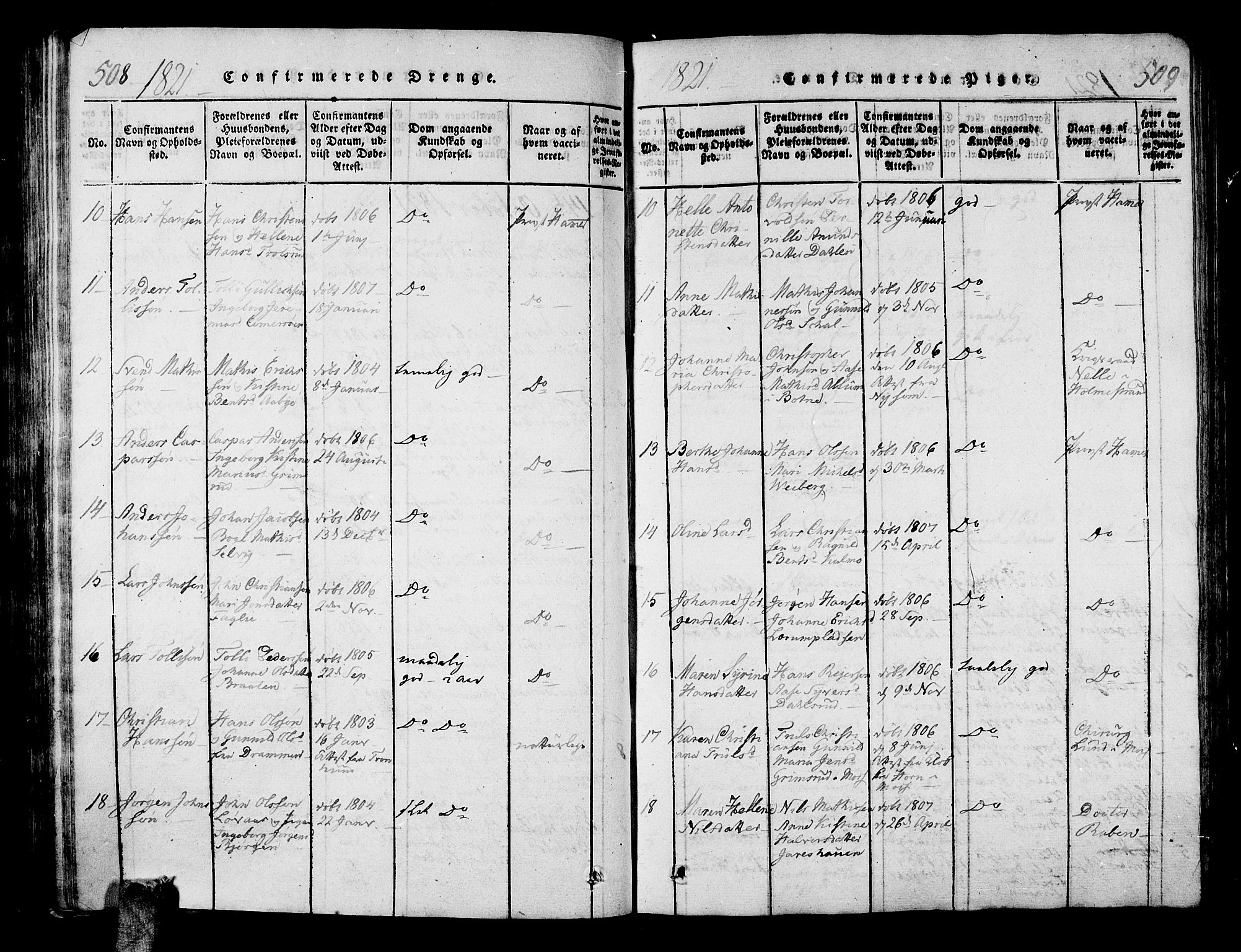 Sande Kirkebøker, AV/SAKO-A-53/G/Ga/L0001: Parish register (copy) no. 1, 1814-1847, p. 508-509