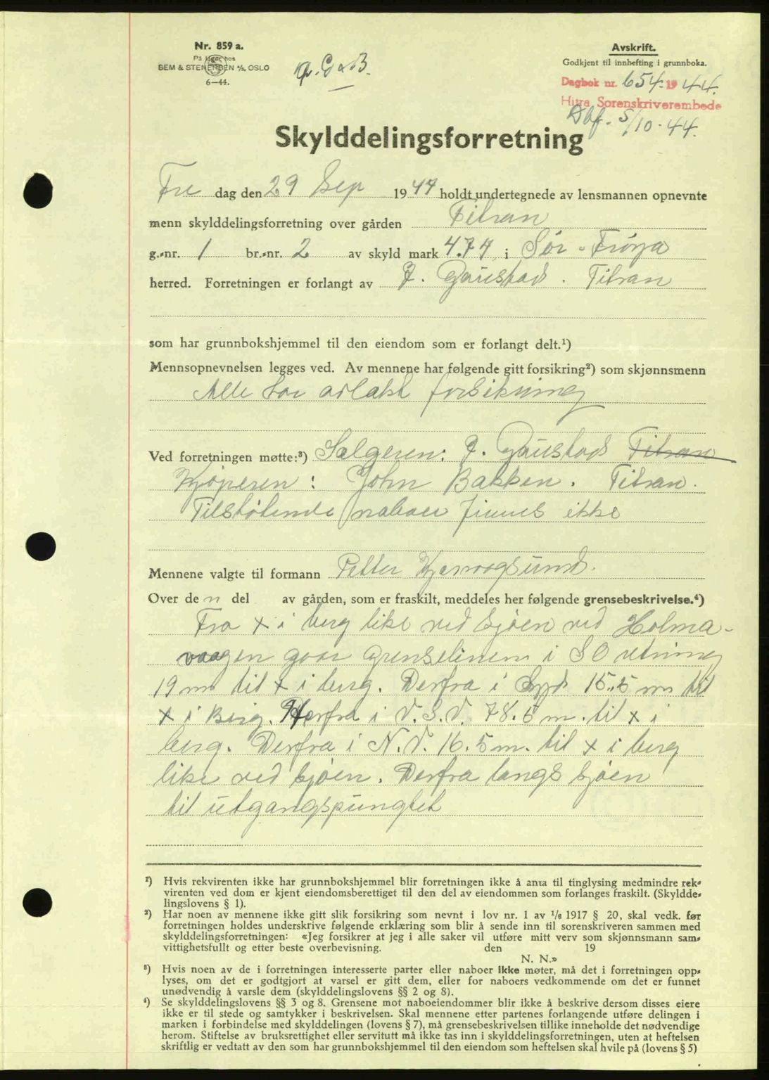 Hitra sorenskriveri, AV/SAT-A-0018/2/2C/2Ca: Mortgage book no. A2, 1943-1945, Diary no: : 654/1944