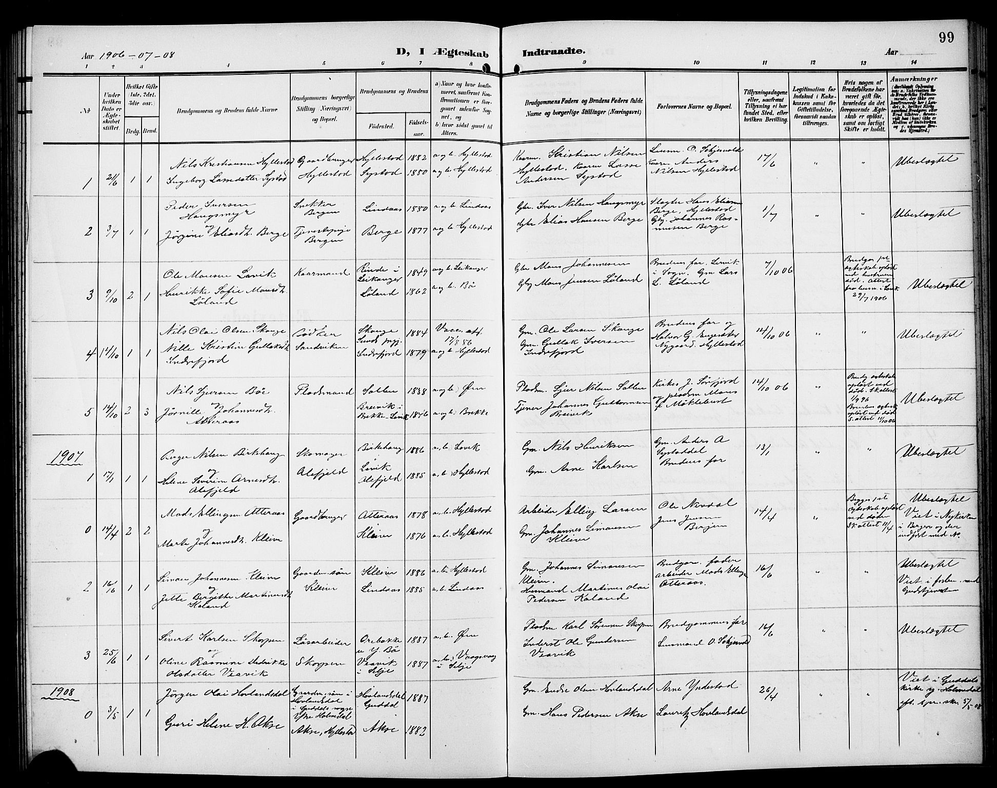 Hyllestad sokneprestembete, SAB/A-80401: Parish register (copy) no. A 3, 1906-1925, p. 99