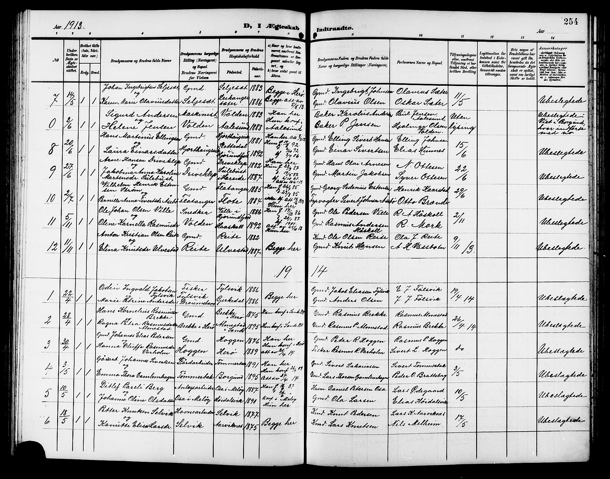 Ministerialprotokoller, klokkerbøker og fødselsregistre - Møre og Romsdal, AV/SAT-A-1454/511/L0159: Parish register (copy) no. 511C05, 1902-1920, p. 254