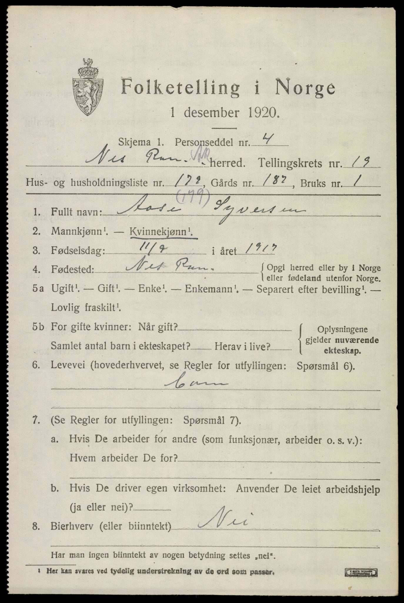 SAO, 1920 census for Nes, 1920, p. 21060