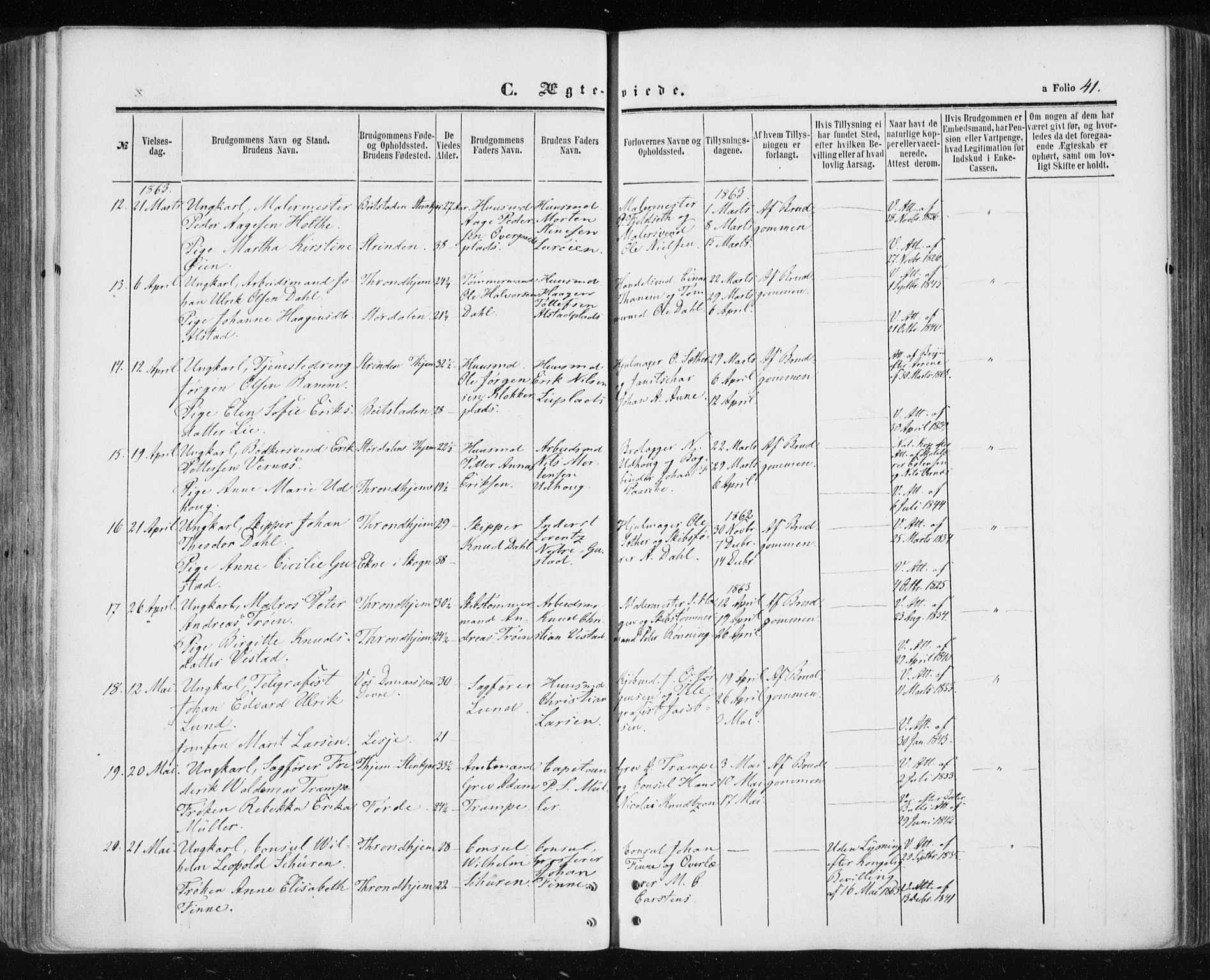 Ministerialprotokoller, klokkerbøker og fødselsregistre - Sør-Trøndelag, SAT/A-1456/601/L0053: Parish register (official) no. 601A21, 1857-1865, p. 41