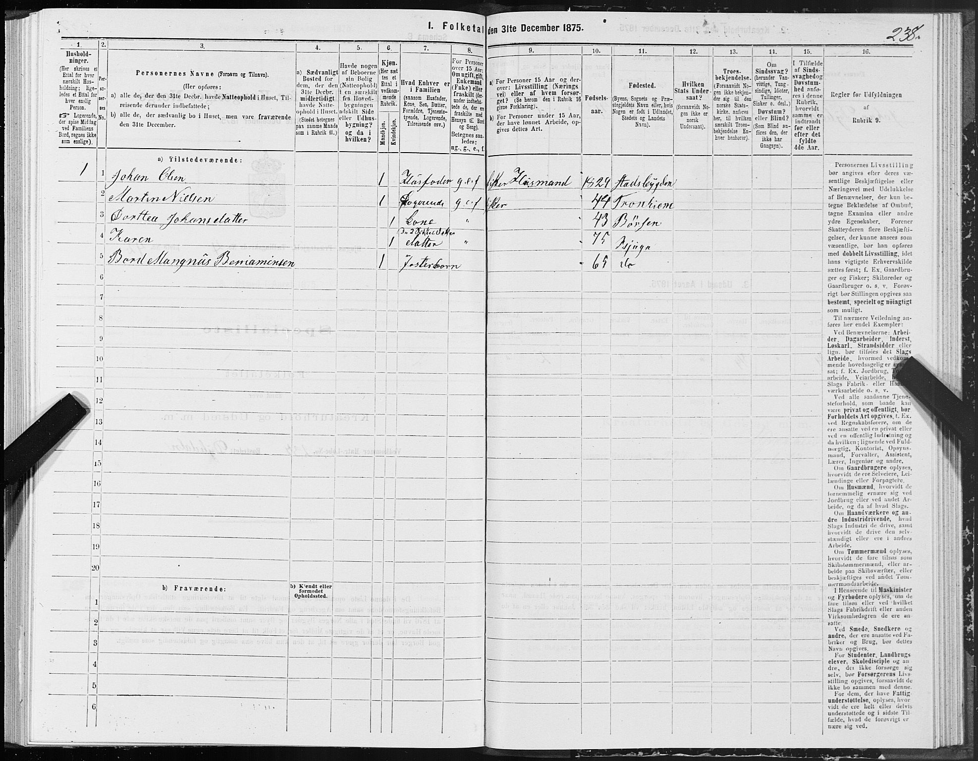 SAT, 1875 census for 1627P Bjugn, 1875, p. 2238