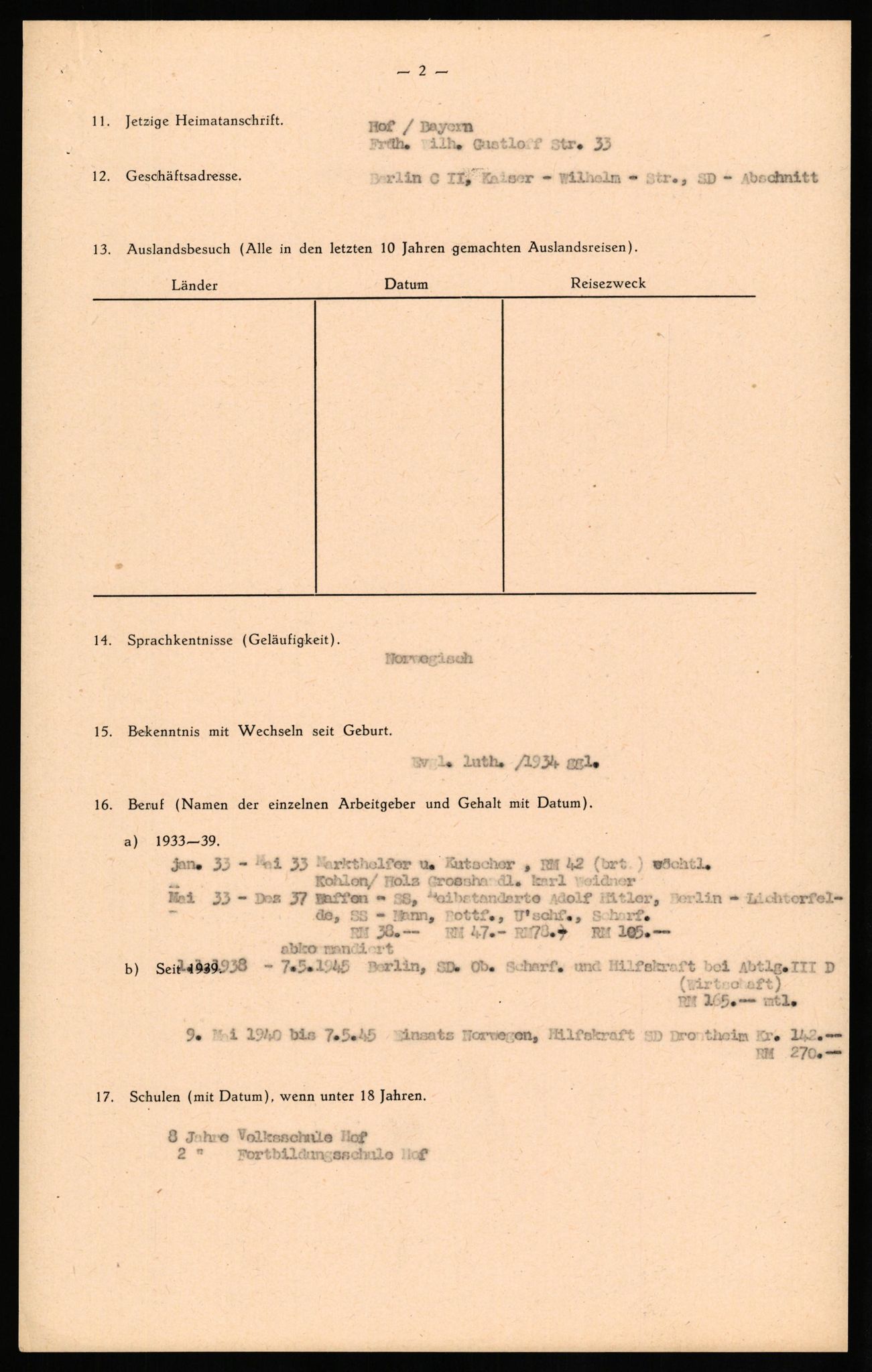 Forsvaret, Forsvarets overkommando II, RA/RAFA-3915/D/Db/L0028: CI Questionaires. Tyske okkupasjonsstyrker i Norge. Tyskere., 1945-1946, p. 158