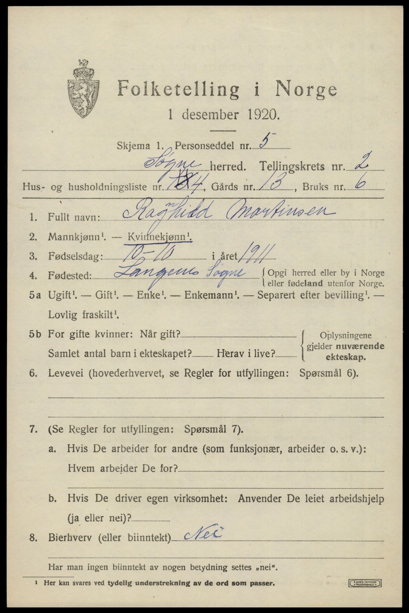 SAK, 1920 census for Søgne, 1920, p. 1487