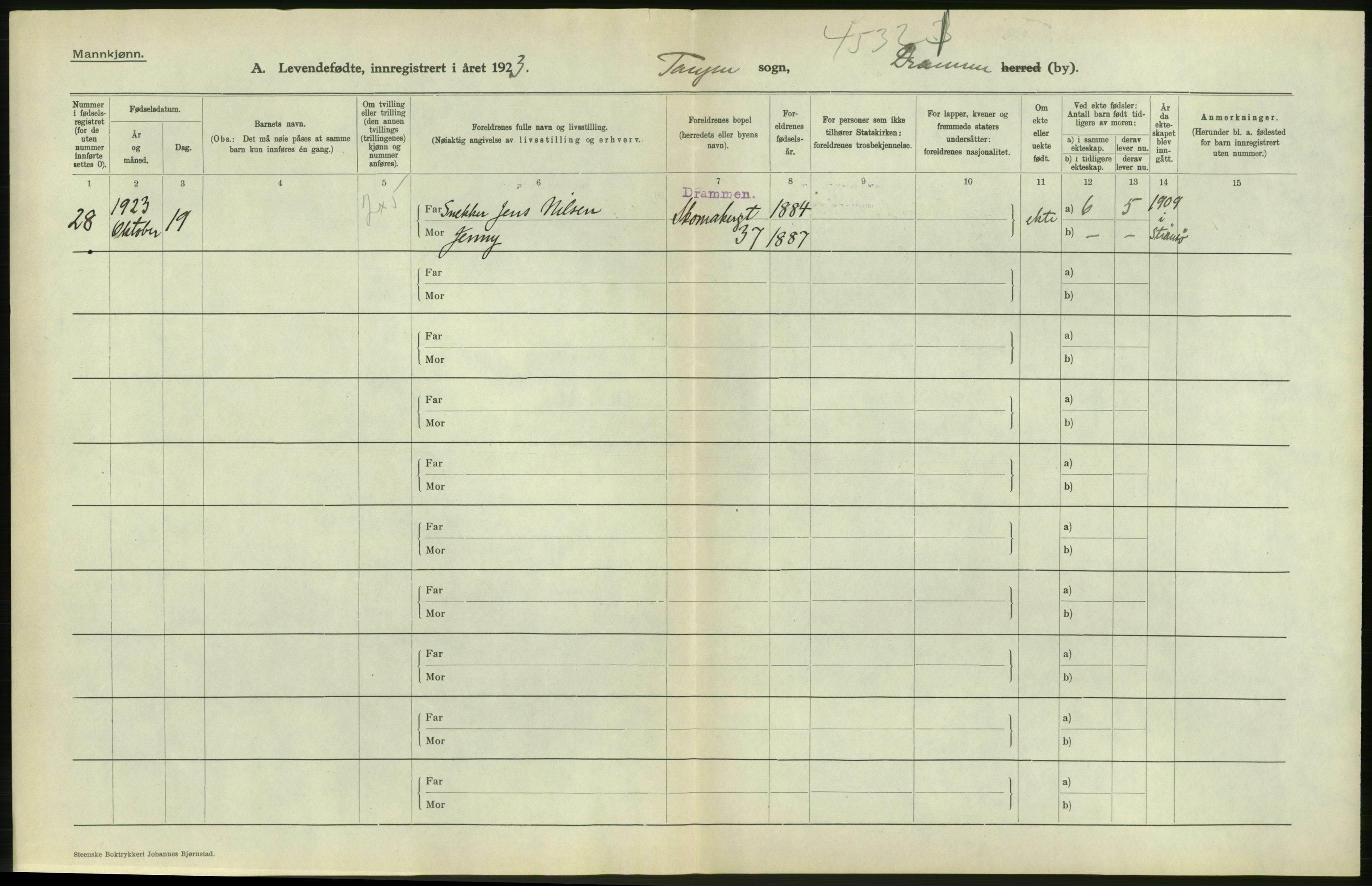 Statistisk sentralbyrå, Sosiodemografiske emner, Befolkning, RA/S-2228/D/Df/Dfc/Dfcc/L0015: Buskerud fylke: Levendefødte menn og kvinner. Bygder og byer., 1923, p. 116