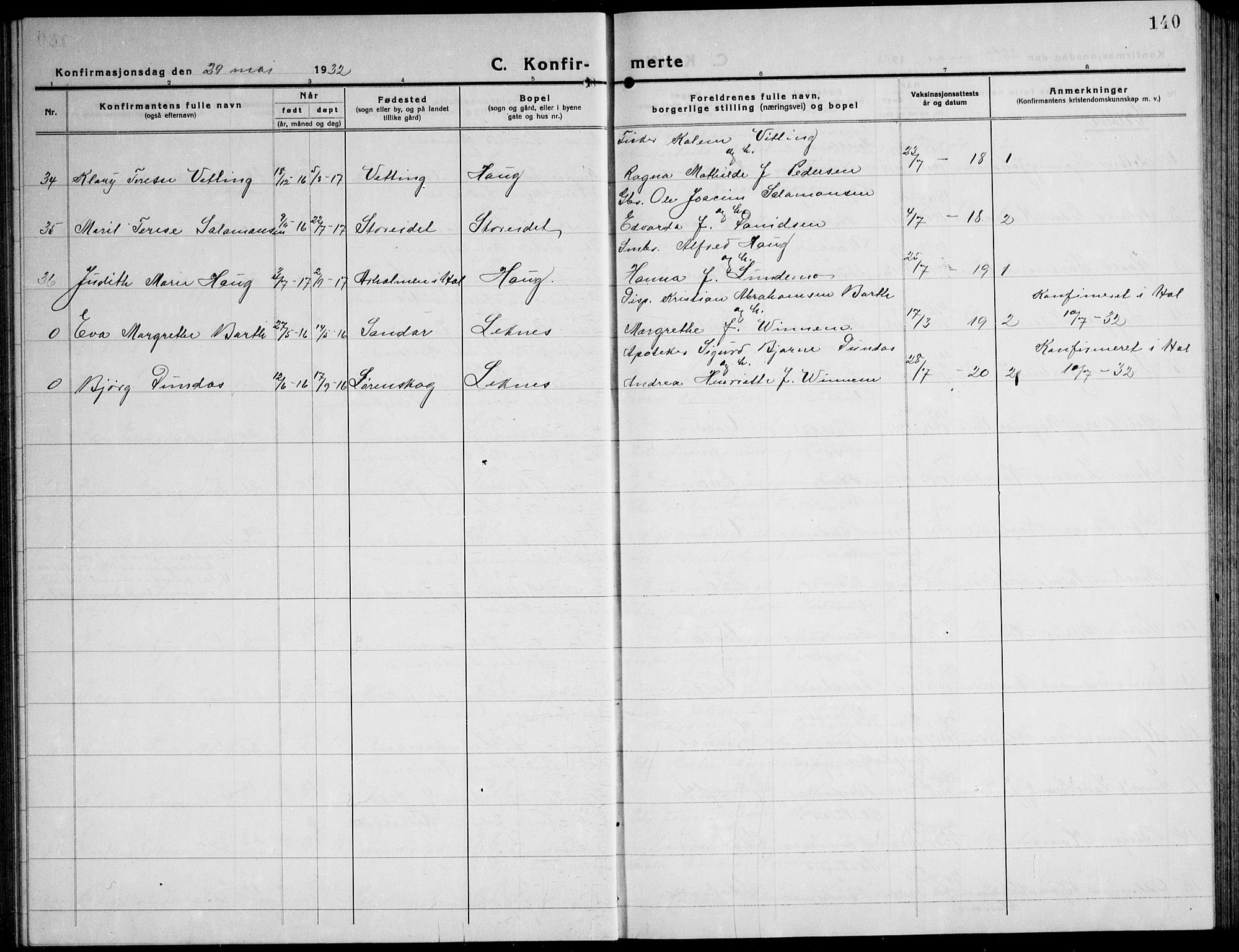 Ministerialprotokoller, klokkerbøker og fødselsregistre - Nordland, AV/SAT-A-1459/881/L1170: Parish register (copy) no. 881C07, 1930-1943, p. 140