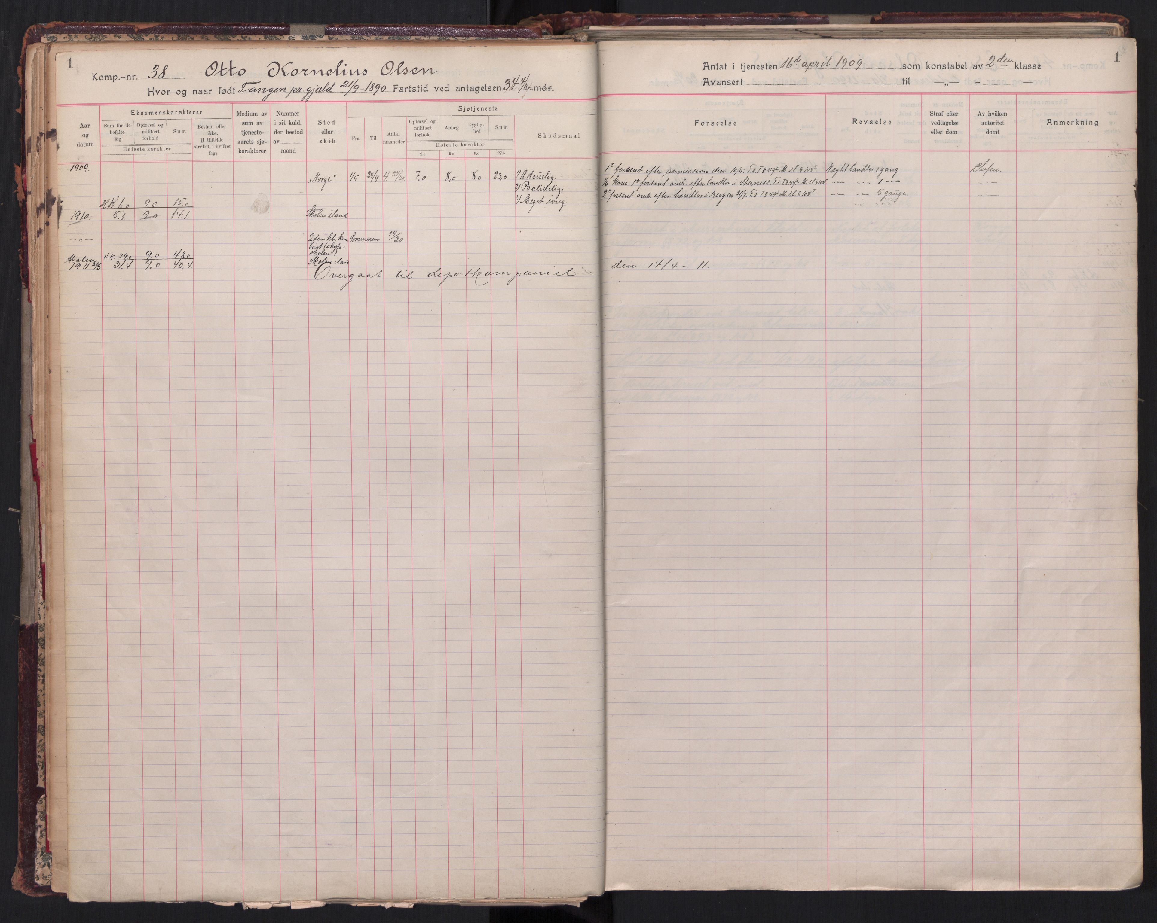 Forsvaret, Sjømilitære korps, Håndverkskorpset og Minekorpset, RA/RAFA-1907/P/Pa/L0022: Rulle Skolekompaniet, 1909-1940, p. 1