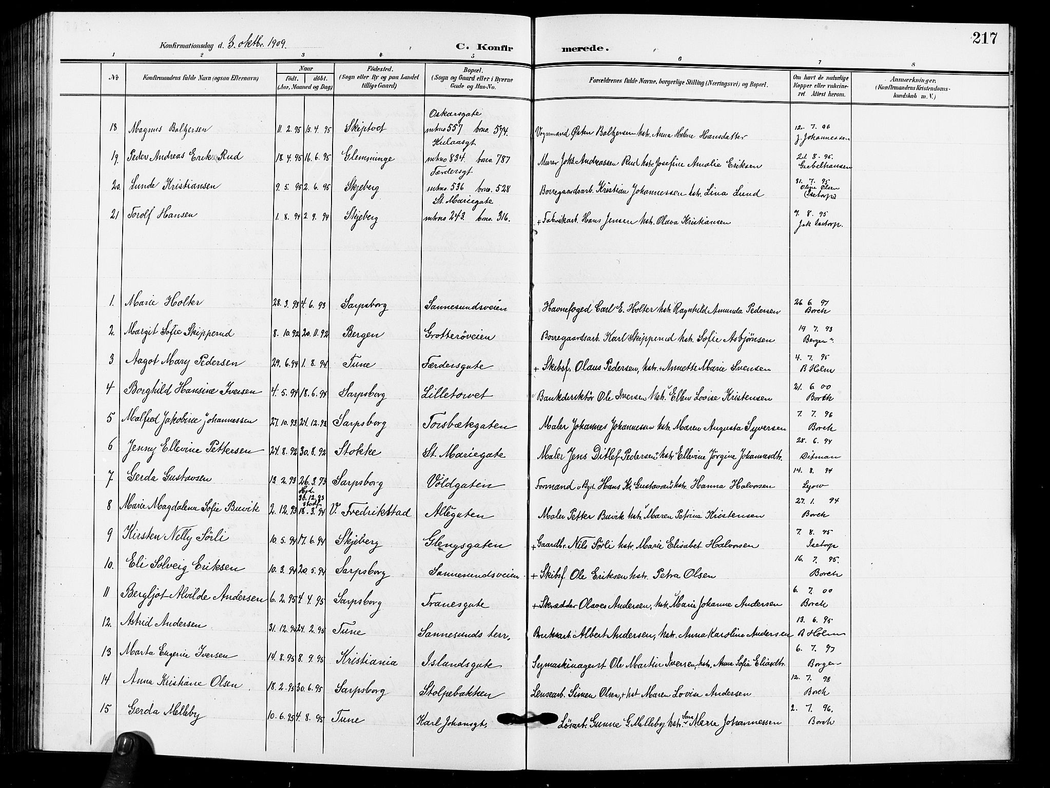 Sarpsborg prestekontor Kirkebøker, SAO/A-2006/G/Ga/L0001: Parish register (copy) no. 1, 1902-1911, p. 217