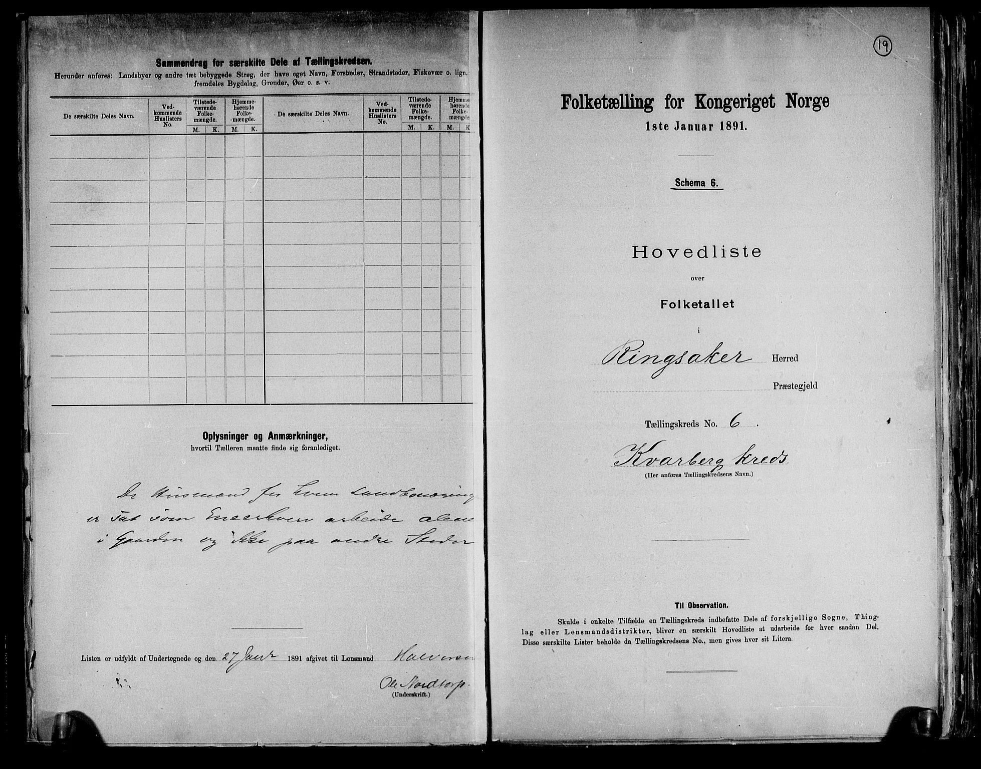 RA, 1891 census for 0412 Ringsaker, 1891, p. 19
