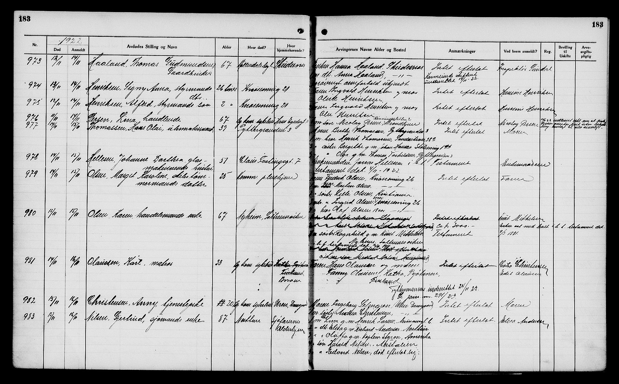 Byfogd og Byskriver i Bergen, AV/SAB-A-3401/06/06Na/L0014: Dødsfallsjournaler, 1921-1924, p. 183