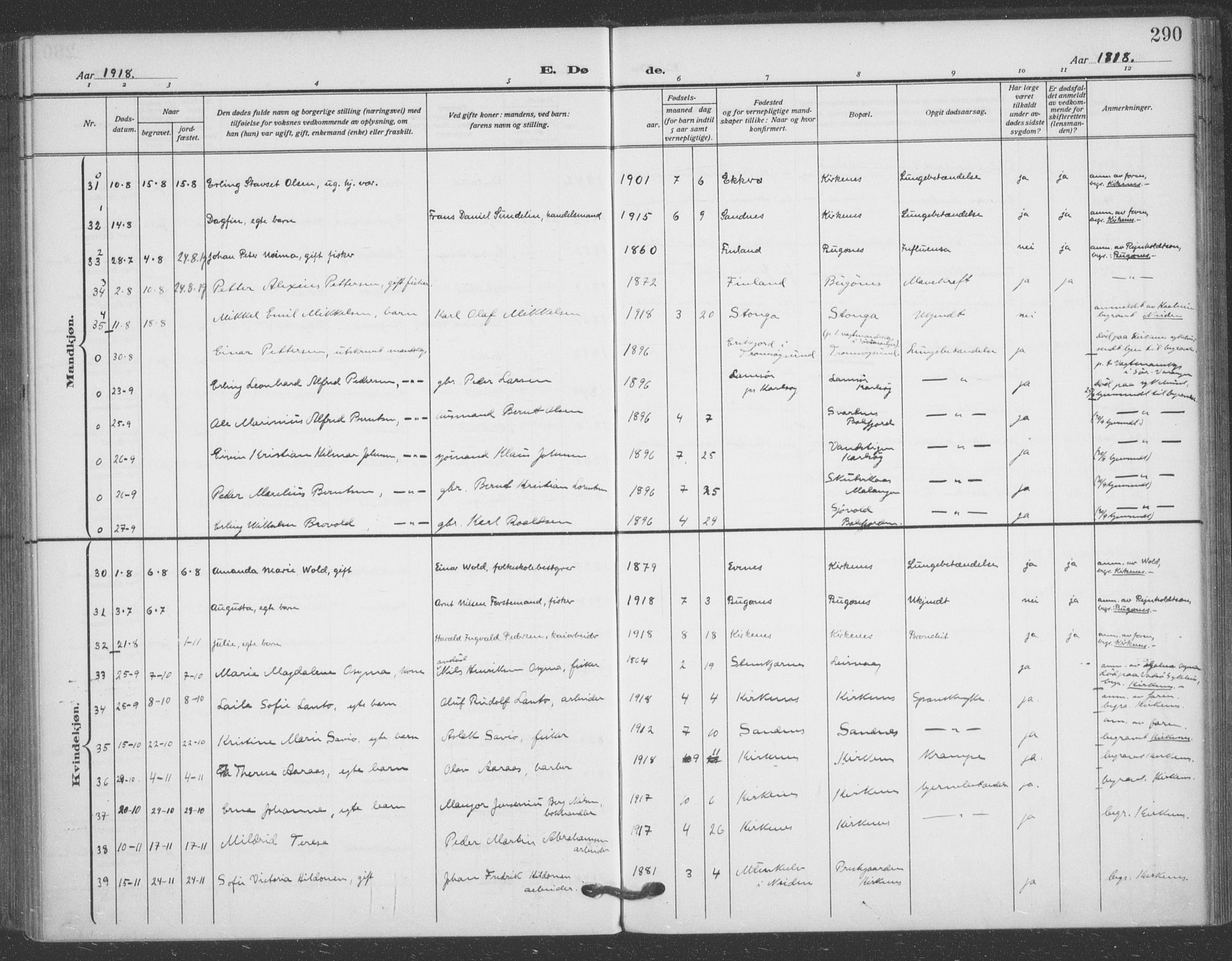 Sør-Varanger sokneprestkontor, AV/SATØ-S-1331/H/Ha/L0005kirke: Parish register (official) no. 5, 1909-1919, p. 290