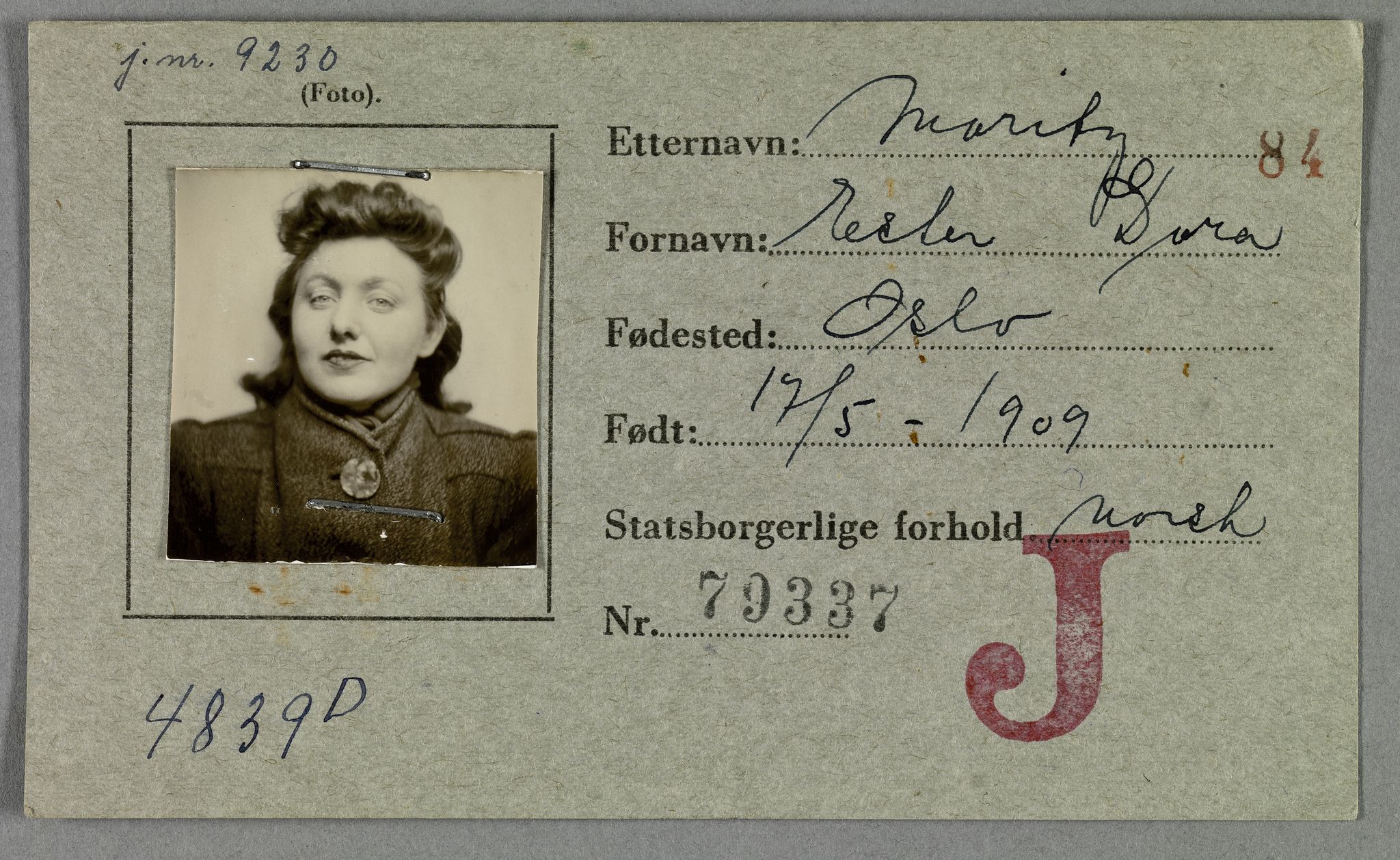 Sosialdepartementet, Våre Falne, AV/RA-S-1708/E/Ee/L0021A: Fotografier av jøder på legitimasjonskort (1941-42), 1941-1942, p. 263