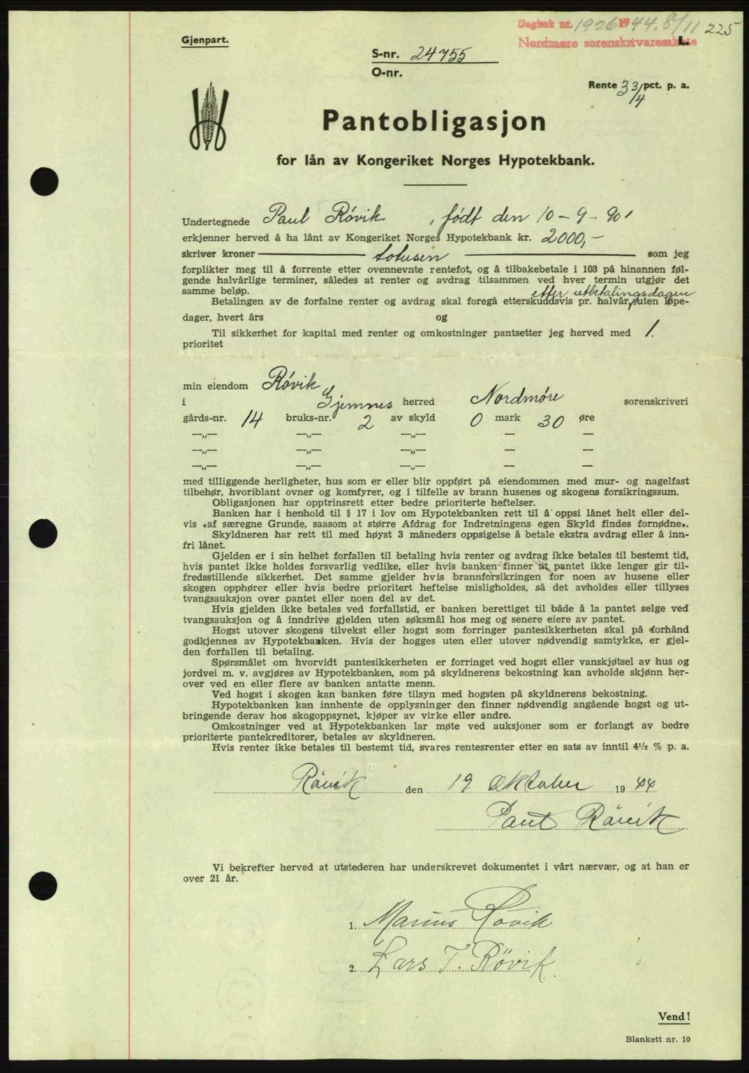 Nordmøre sorenskriveri, AV/SAT-A-4132/1/2/2Ca: Mortgage book no. B92, 1944-1945, Diary no: : 1926/1944