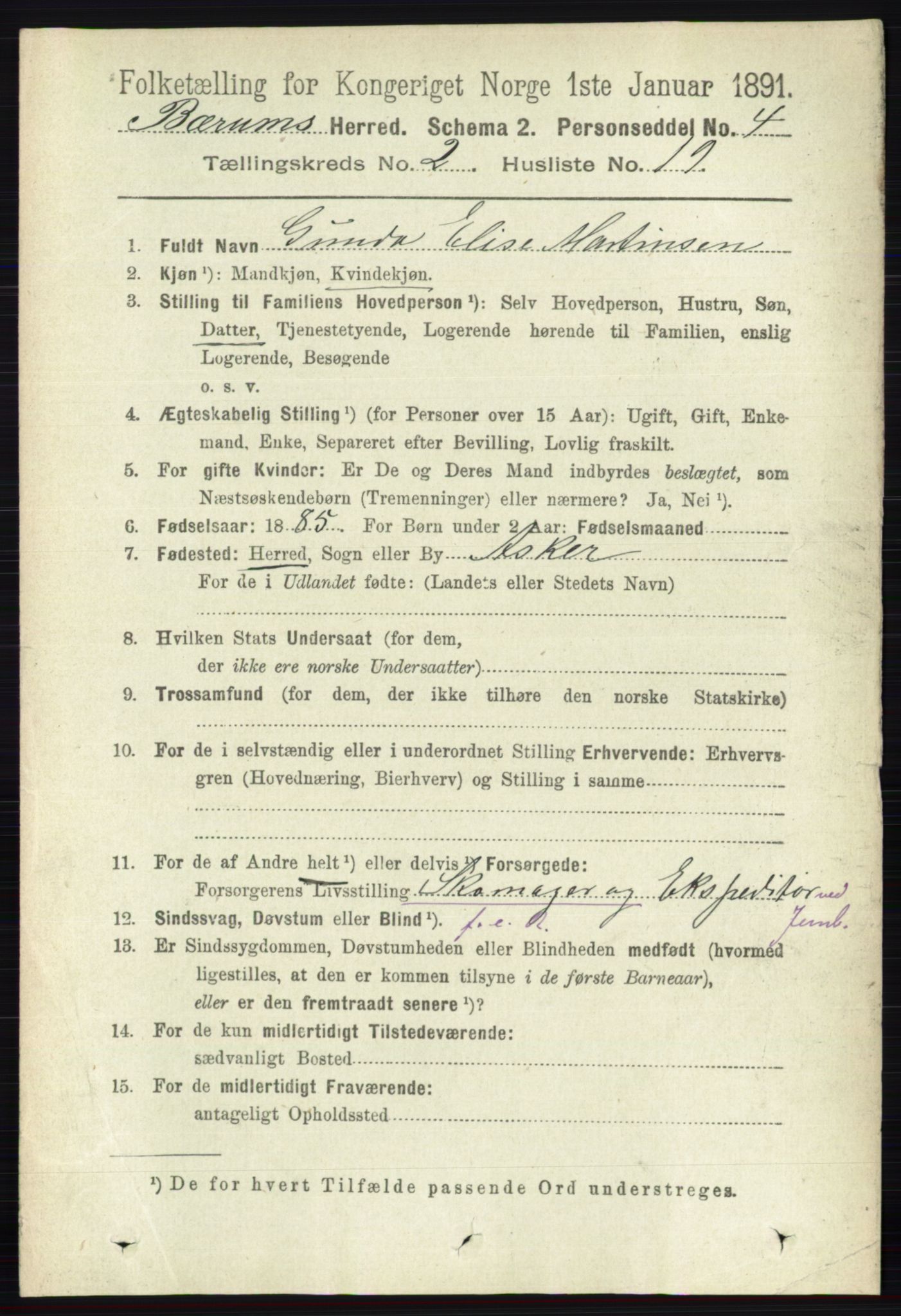 RA, 1891 census for 0219 Bærum, 1891, p. 1239