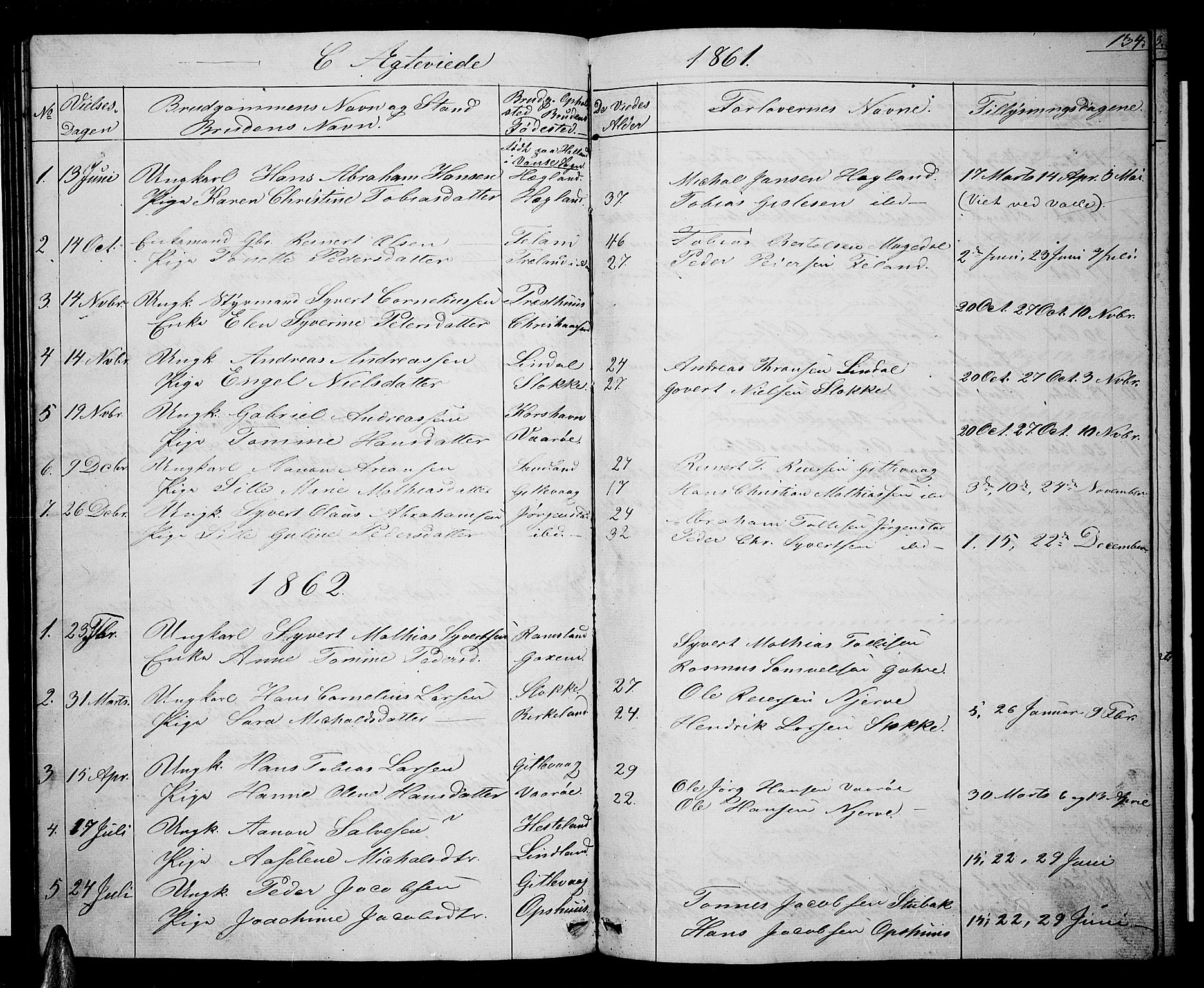 Sør-Audnedal sokneprestkontor, SAK/1111-0039/F/Fb/Fba/L0002: Parish register (copy) no. B 2, 1853-1878, p. 134